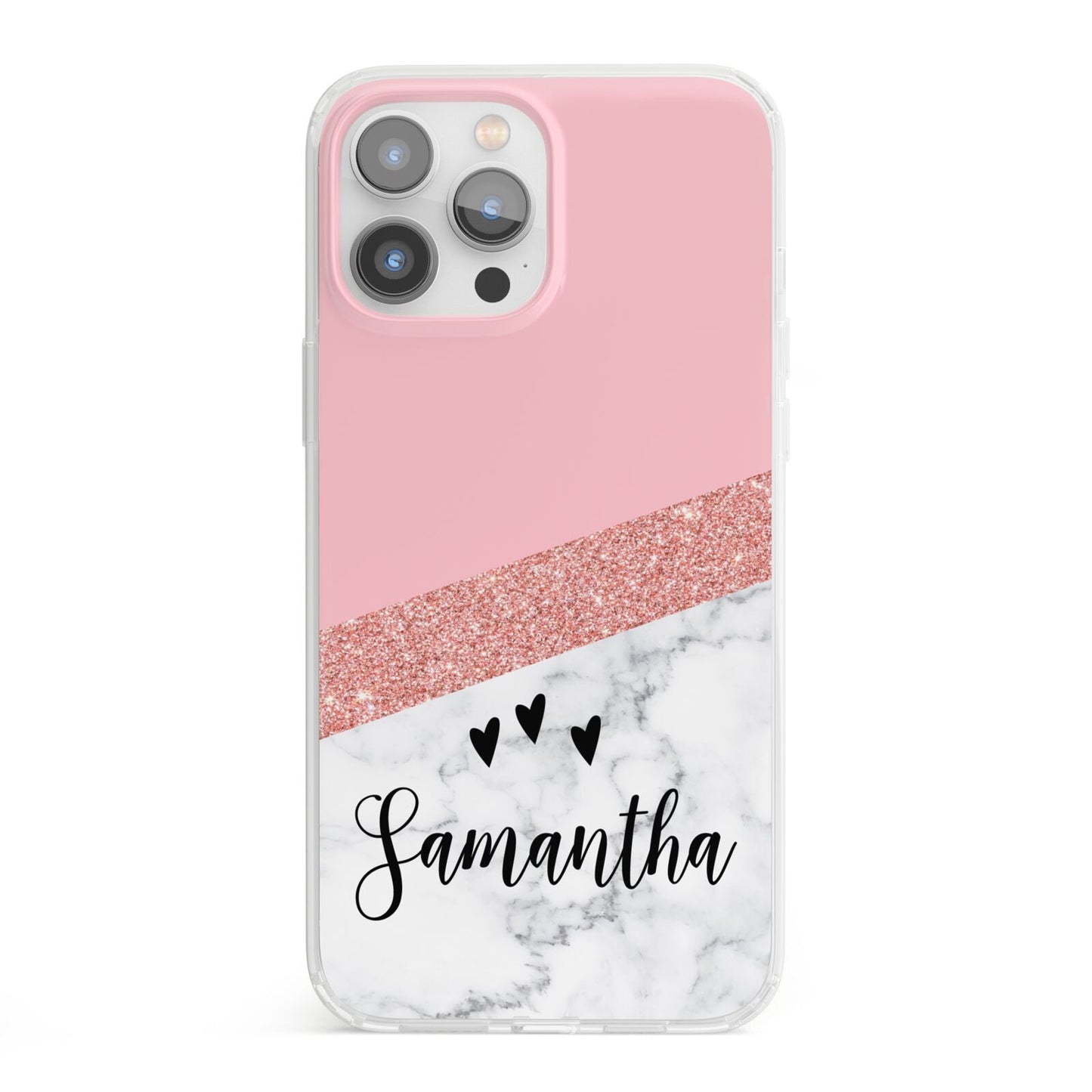 Pink Geometric Marble Personalised Name iPhone 13 Pro Max Clear Bumper Case