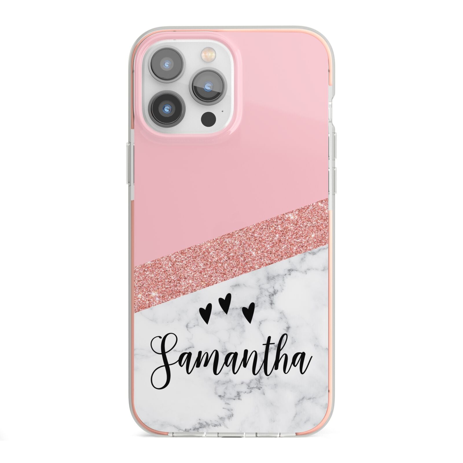 Pink Geometric Marble Personalised Name iPhone 13 Pro Max TPU Impact Case with Pink Edges