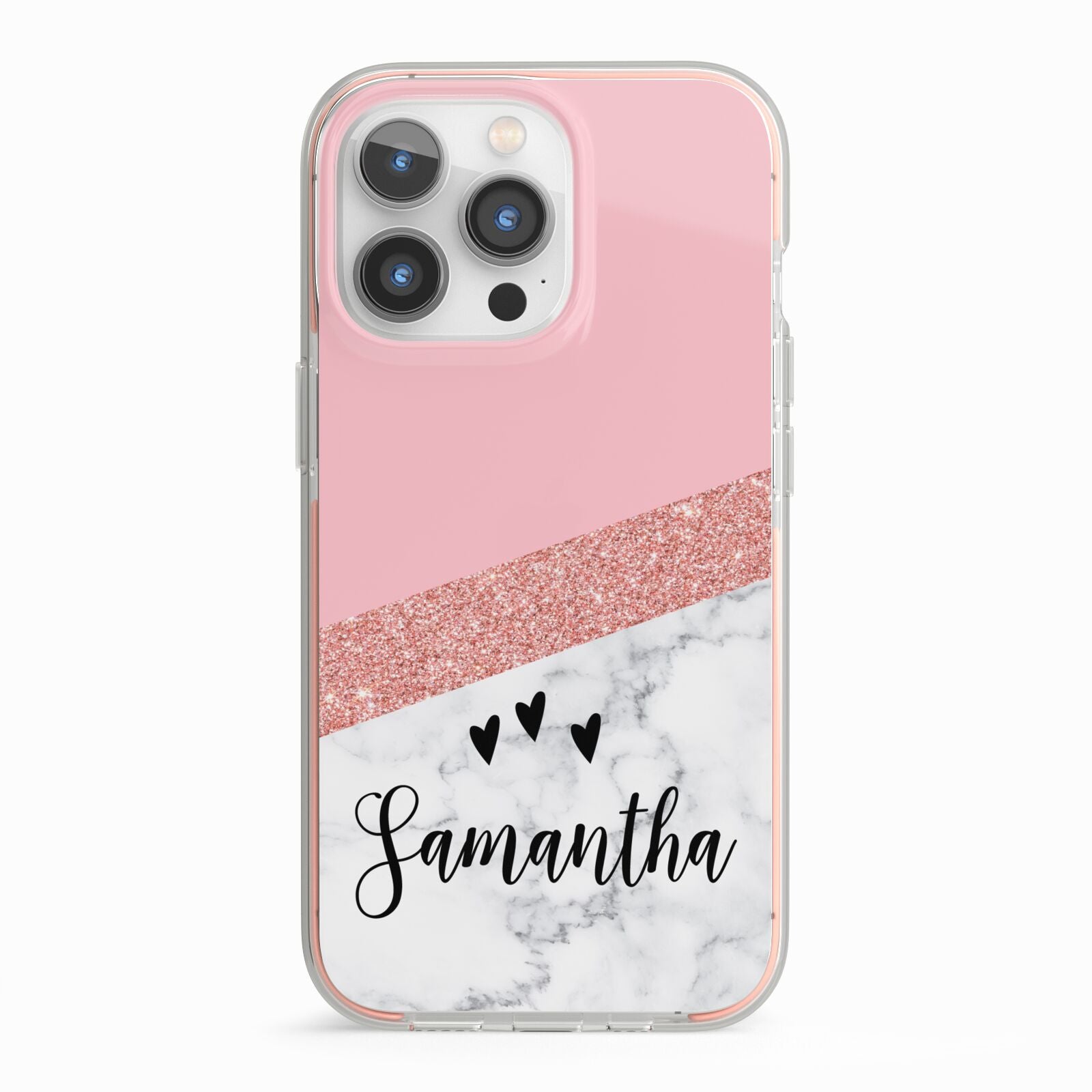 Pink Geometric Marble Personalised Name iPhone 13 Pro TPU Impact Case with Pink Edges
