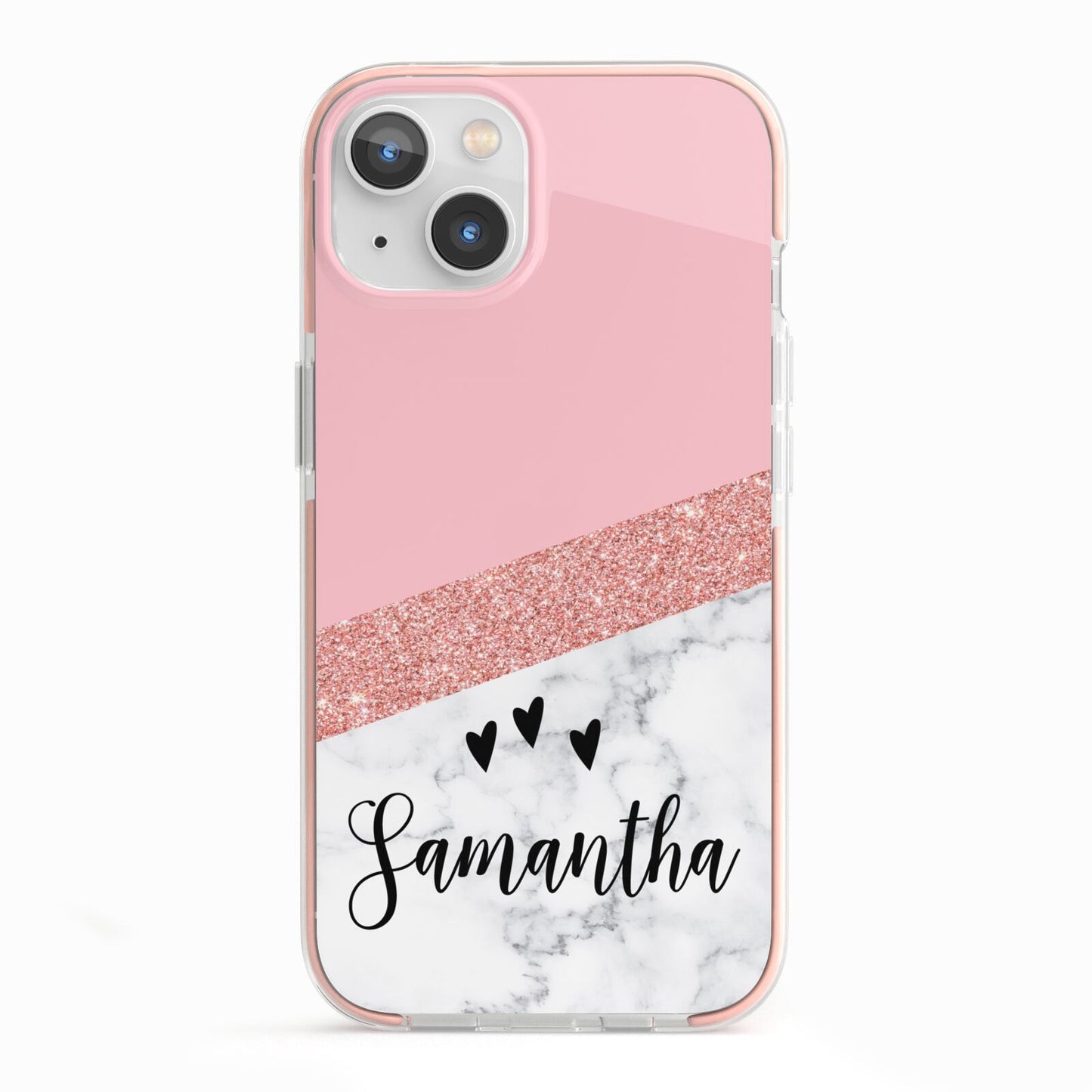 Pink Geometric Marble Personalised Name iPhone 13 TPU Impact Case with Pink Edges
