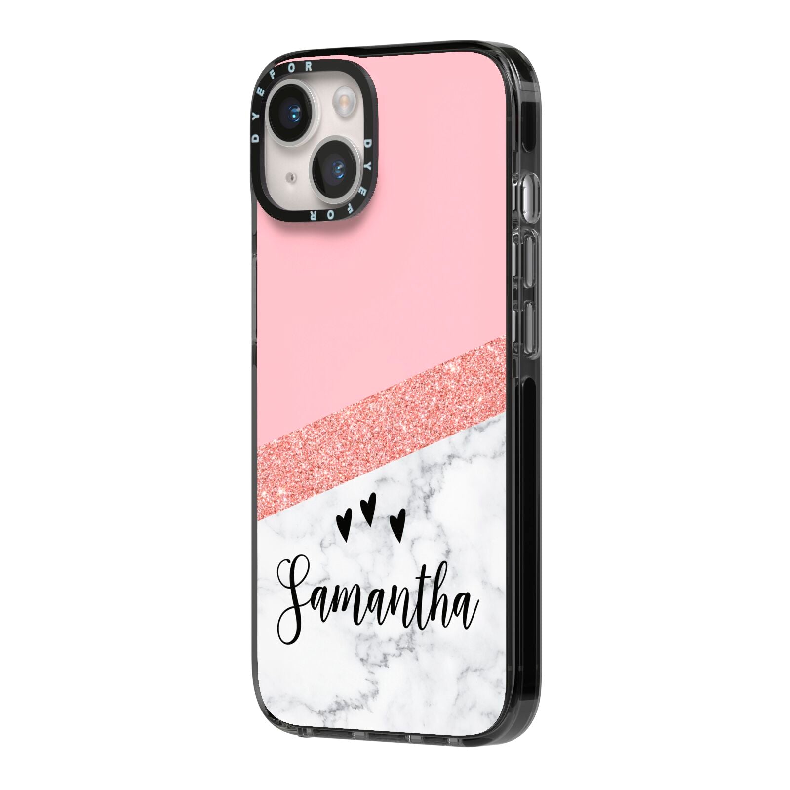 Pink Geometric Marble Personalised Name iPhone 14 Black Impact Case Side Angle on Silver phone