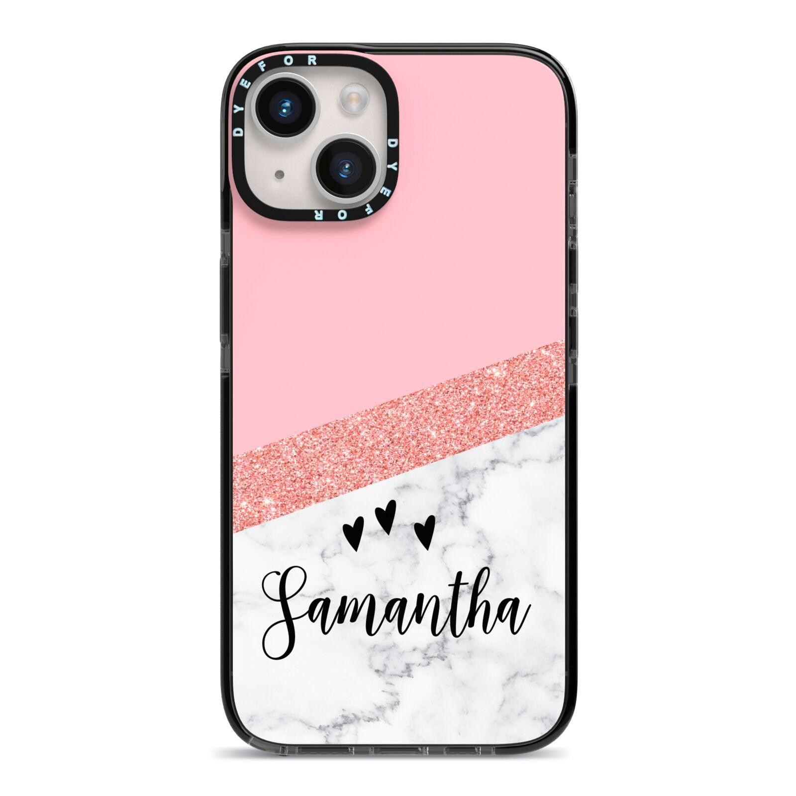 Pink Geometric Marble Personalised Name iPhone 14 Black Impact Case on Silver phone