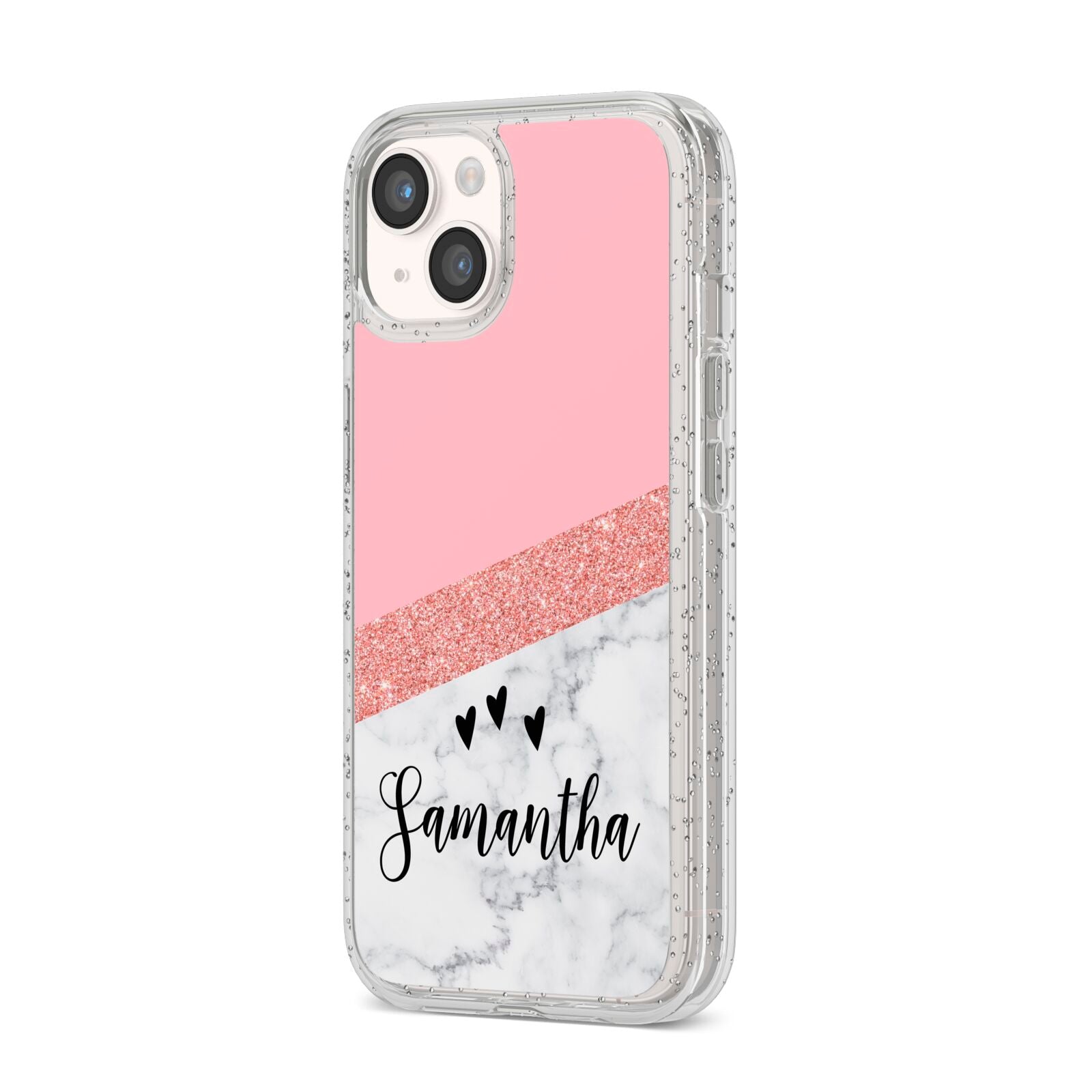 Pink Geometric Marble Personalised Name iPhone 14 Glitter Tough Case Starlight Angled Image