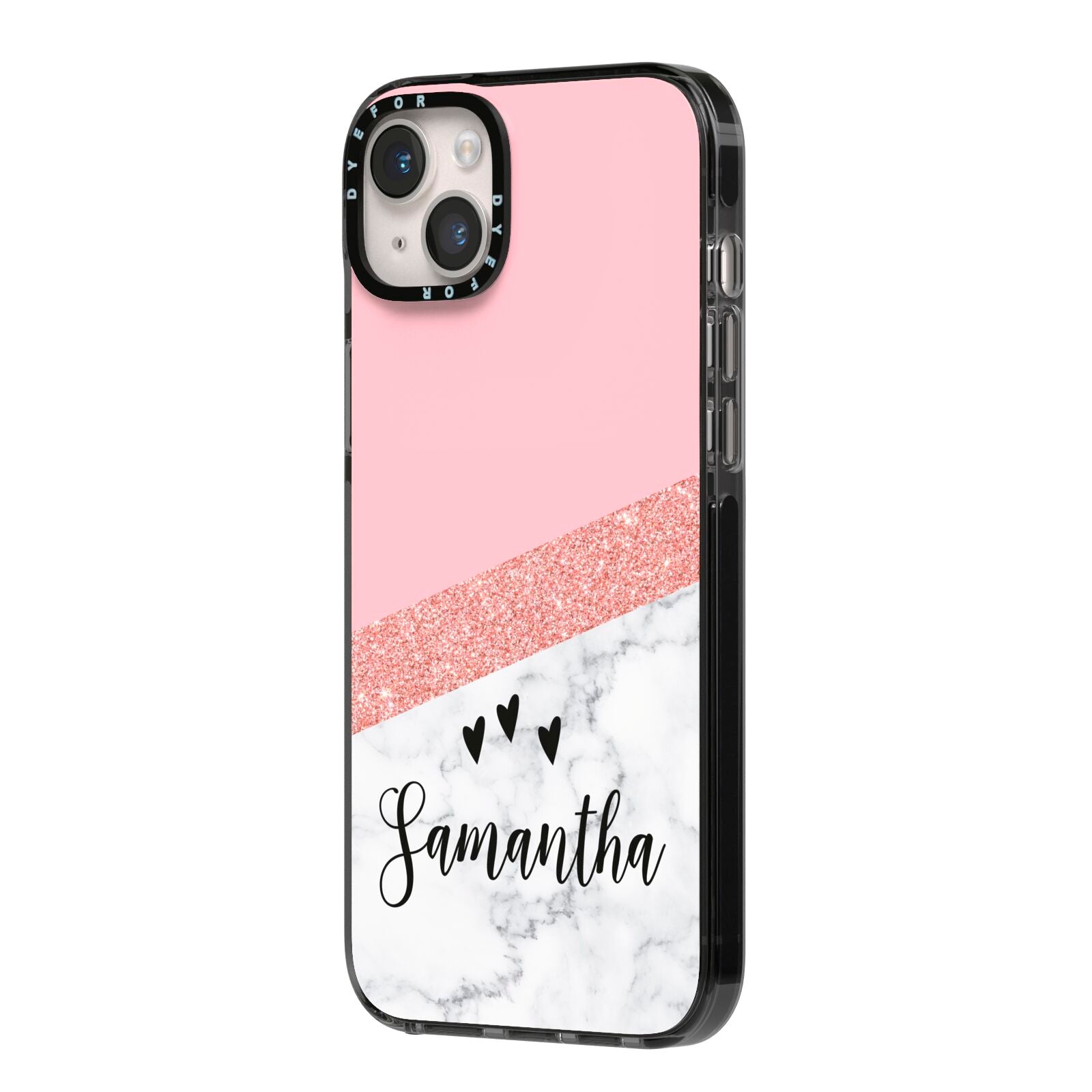 Pink Geometric Marble Personalised Name iPhone 14 Plus Black Impact Case Side Angle on Silver phone