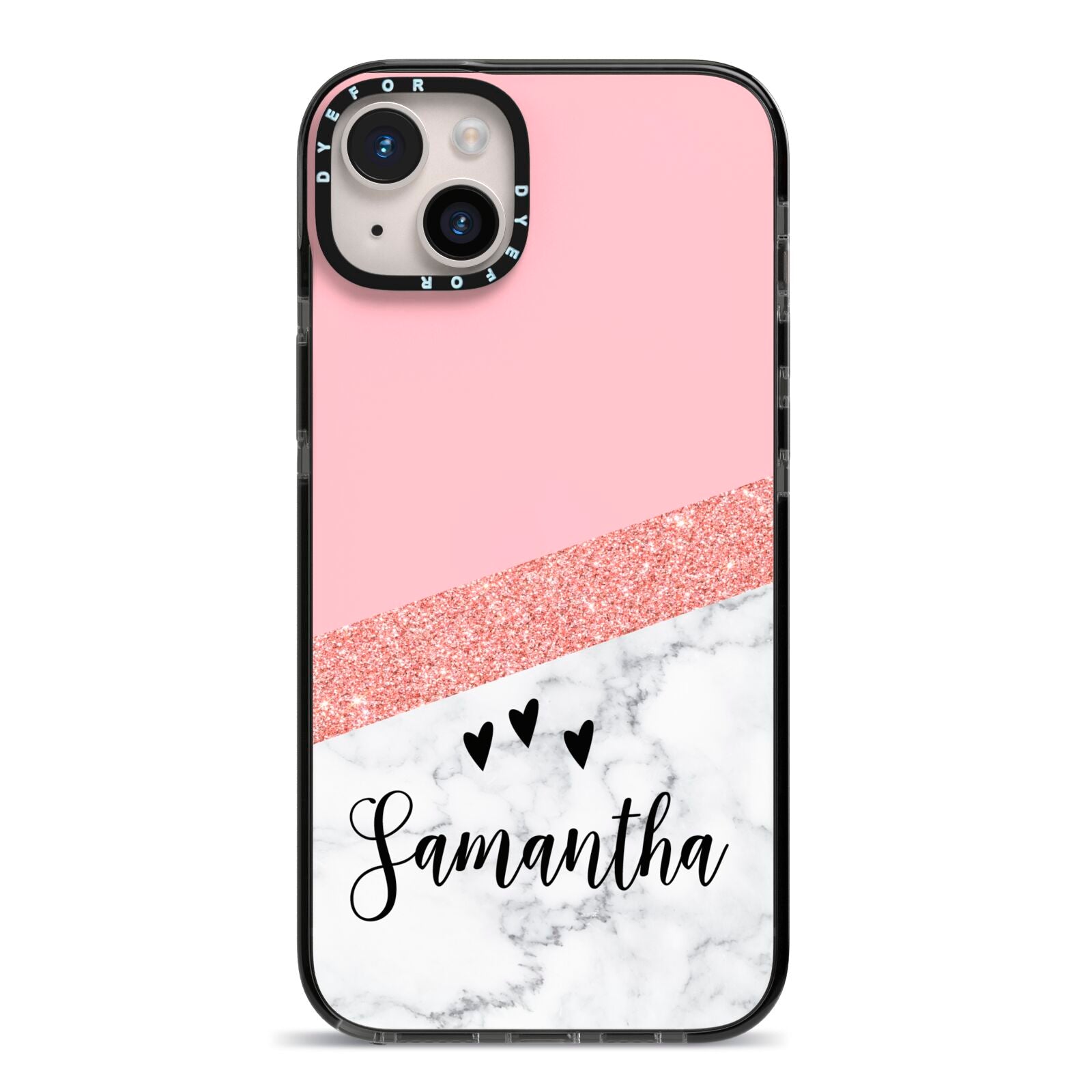 Pink Geometric Marble Personalised Name iPhone 14 Plus Black Impact Case on Silver phone
