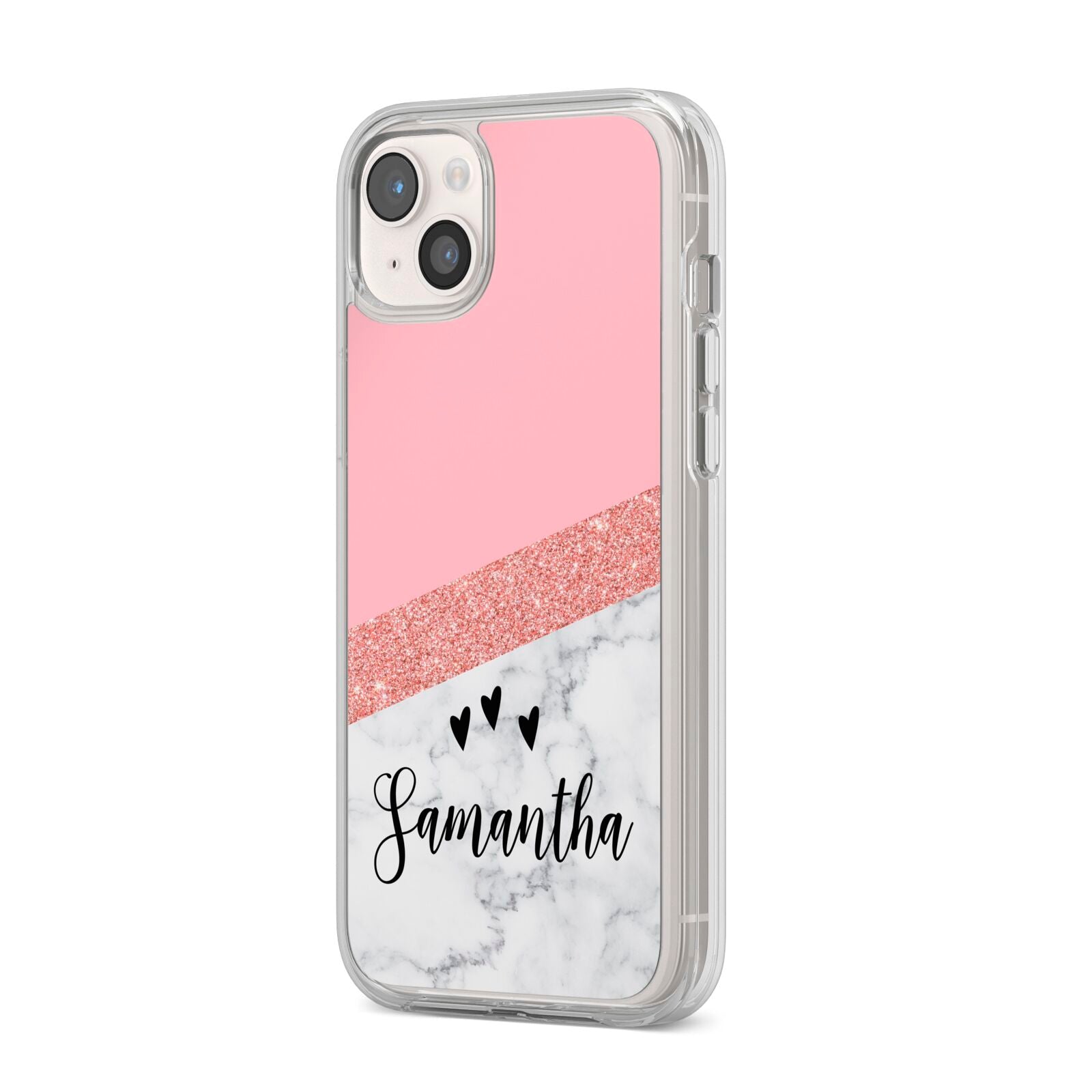 Pink Geometric Marble Personalised Name iPhone 14 Plus Clear Tough Case Starlight Angled Image