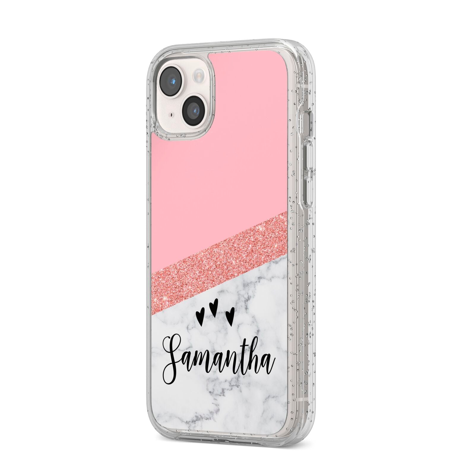 Pink Geometric Marble Personalised Name iPhone 14 Plus Glitter Tough Case Starlight Angled Image
