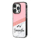 Pink Geometric Marble Personalised Name iPhone 14 Pro Black Impact Case Side Angle on Silver phone