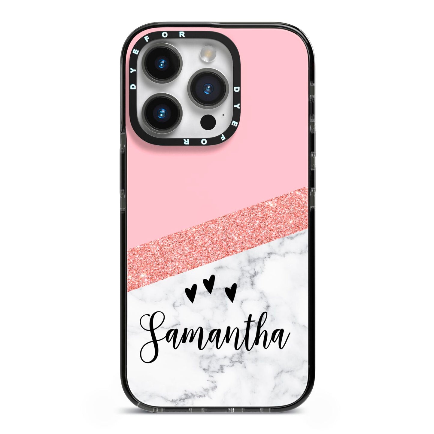 Pink Geometric Marble Personalised Name iPhone 14 Pro Black Impact Case on Silver phone