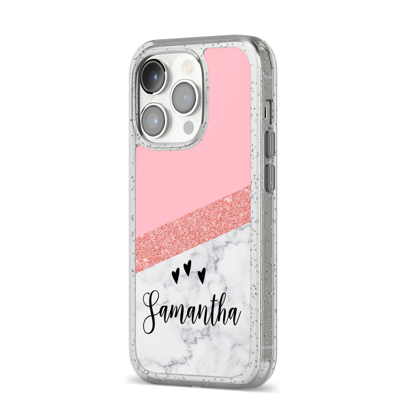 Pink Geometric Marble Personalised Name iPhone 14 Pro Glitter Tough Case Silver Angled Image