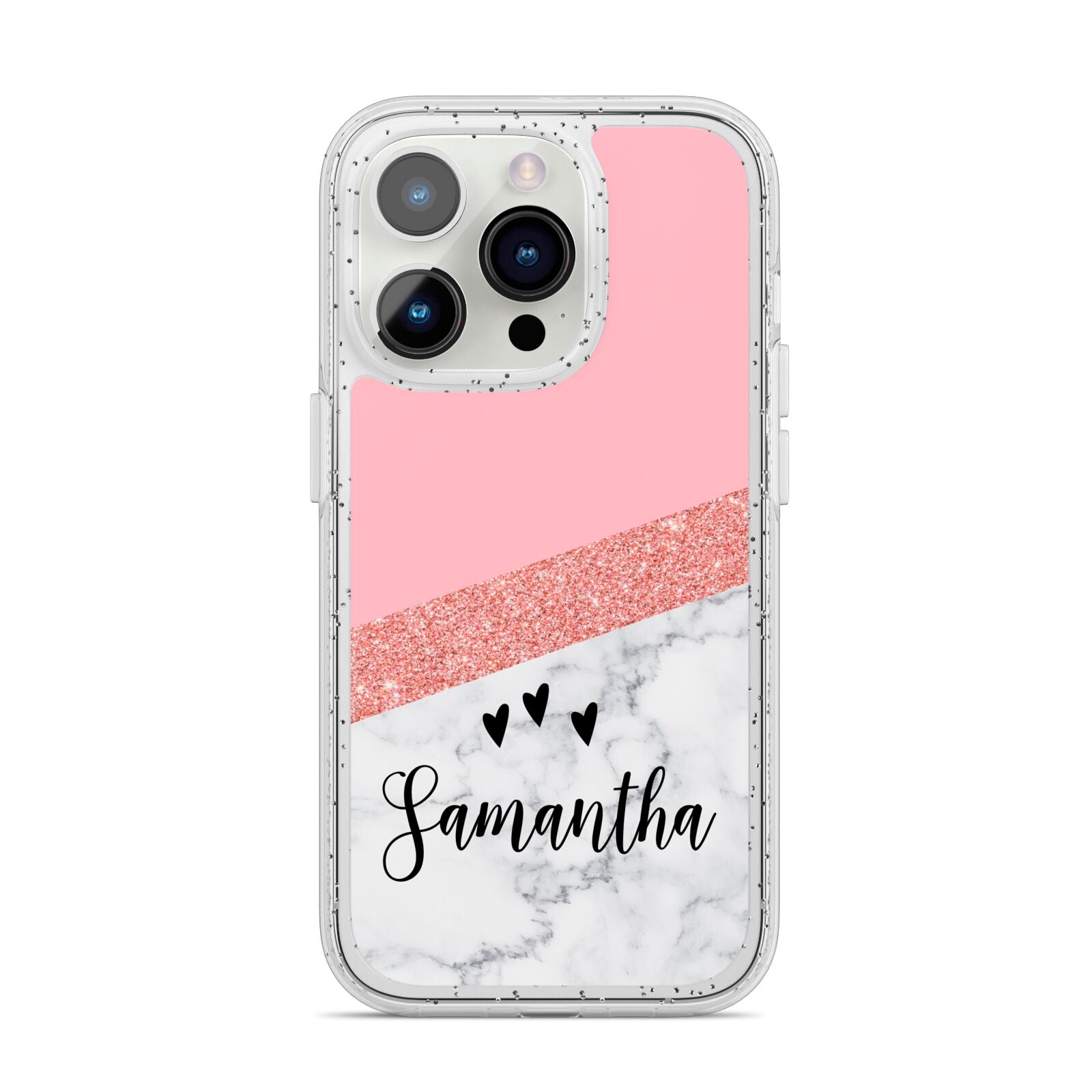 Pink Geometric Marble Personalised Name iPhone 14 Pro Glitter Tough Case Silver