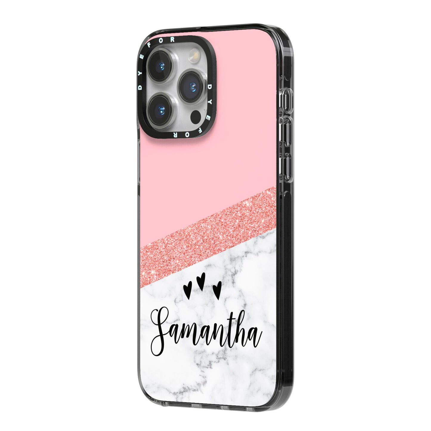 Pink Geometric Marble Personalised Name iPhone 14 Pro Max Black Impact Case Side Angle on Silver phone