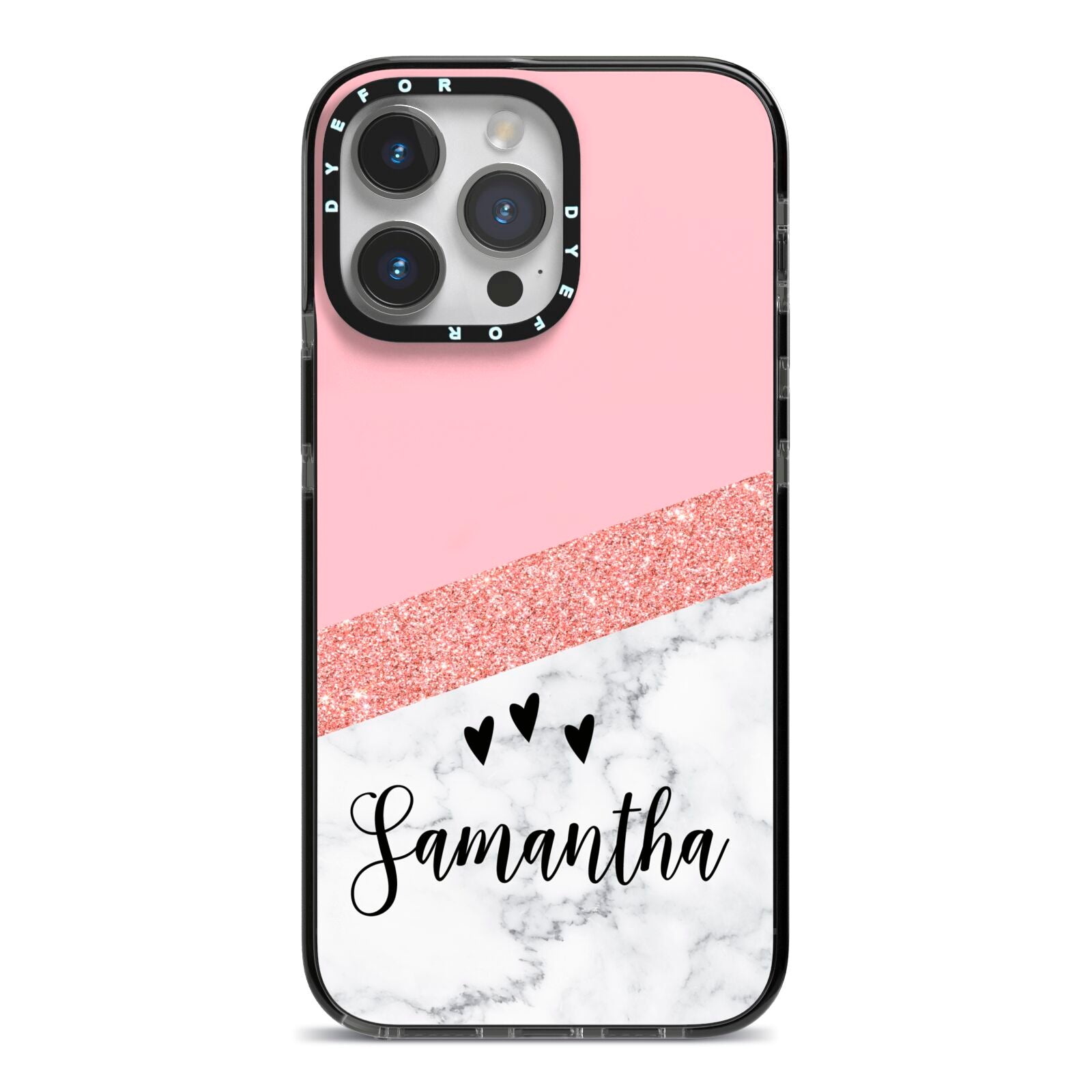 Pink Geometric Marble Personalised Name iPhone 14 Pro Max Black Impact Case on Silver phone