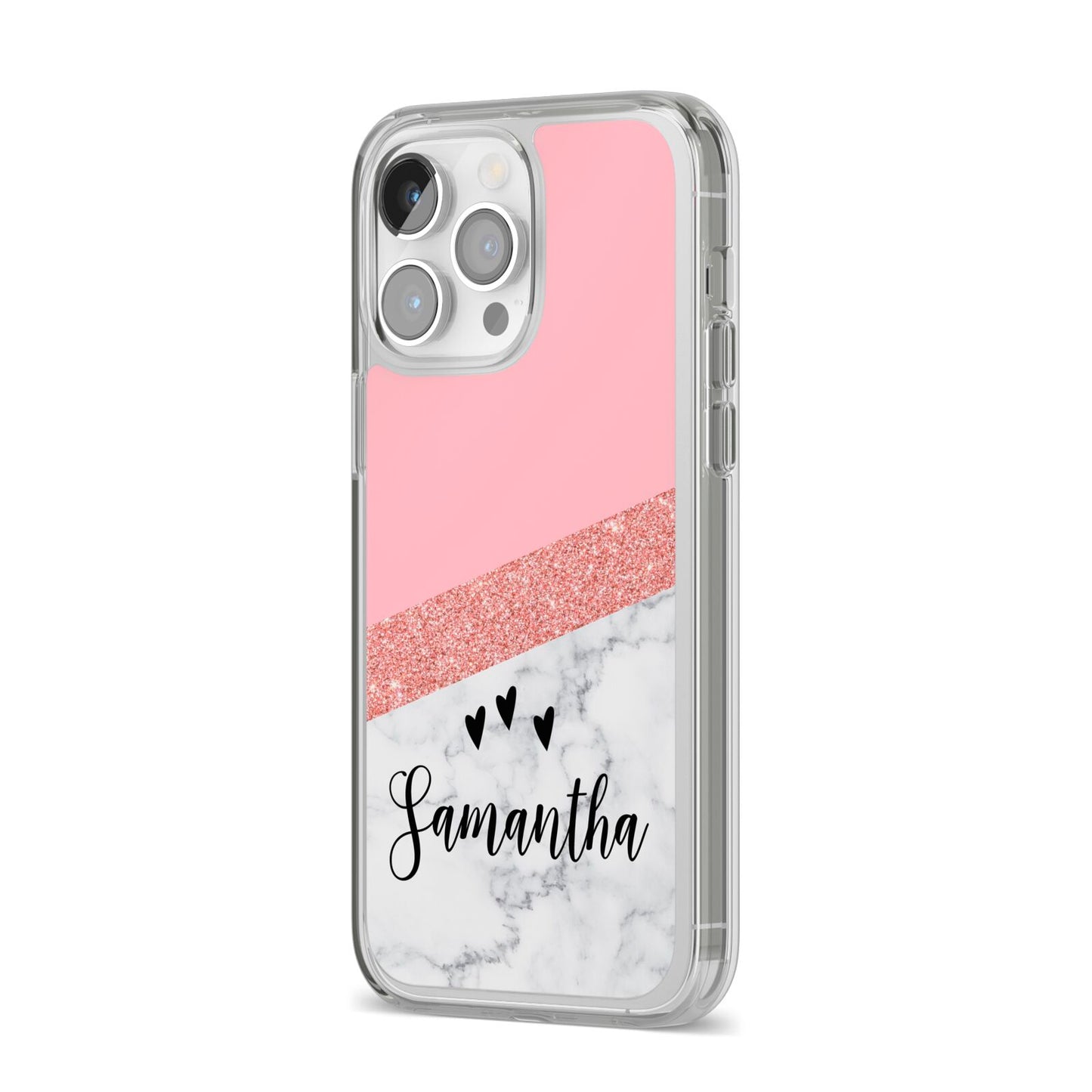 Pink Geometric Marble Personalised Name iPhone 14 Pro Max Clear Tough Case Silver Angled Image