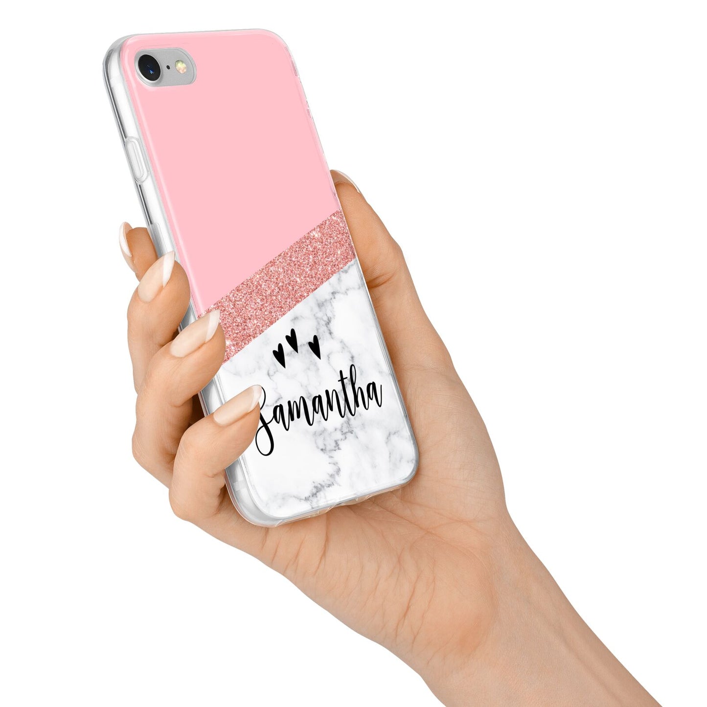 Pink Geometric Marble Personalised Name iPhone 7 Bumper Case on Silver iPhone Alternative Image