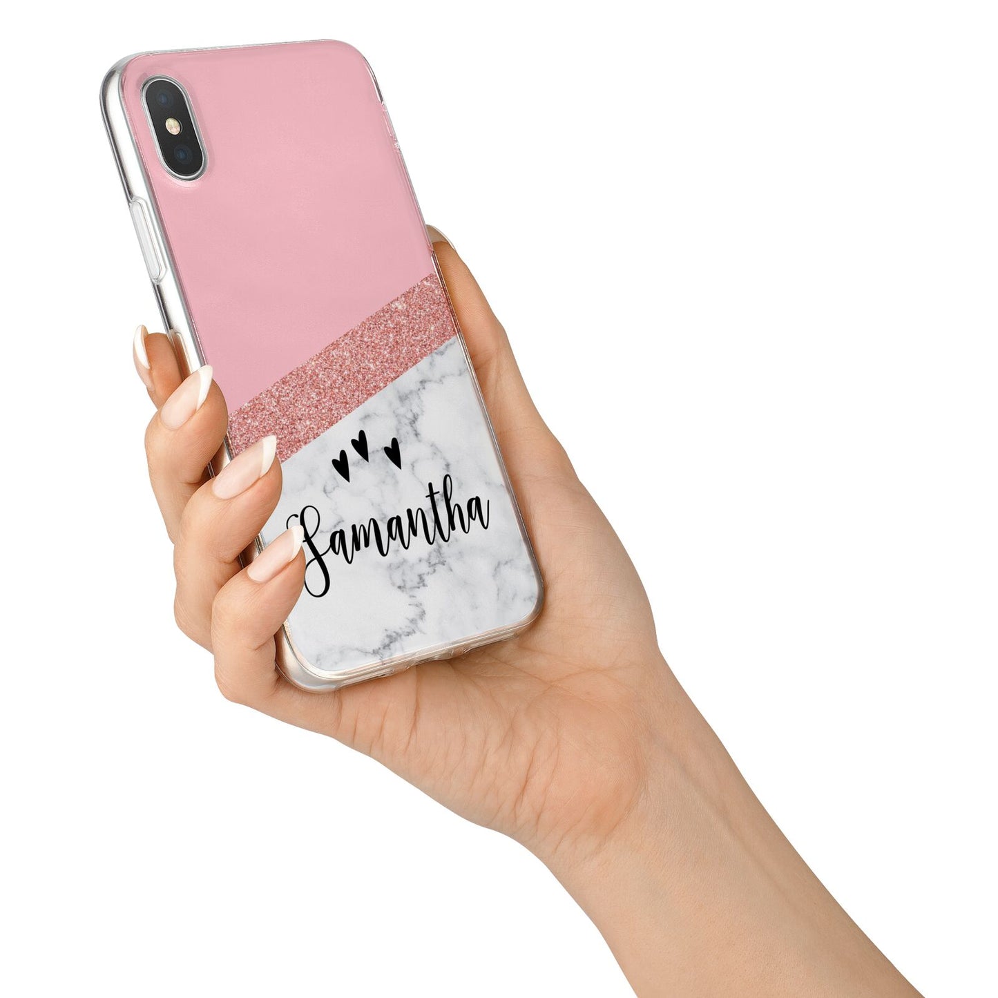 Pink Geometric Marble Personalised Name iPhone X Bumper Case on Silver iPhone Alternative Image 2