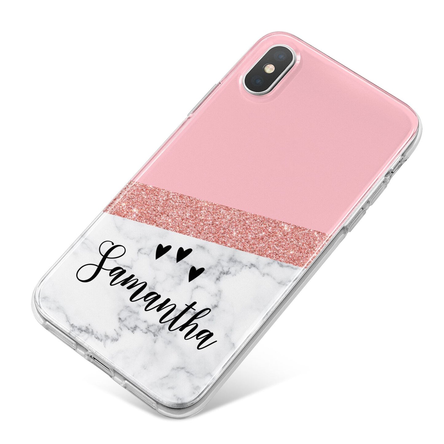 Pink Geometric Marble Personalised Name iPhone X Bumper Case on Silver iPhone
