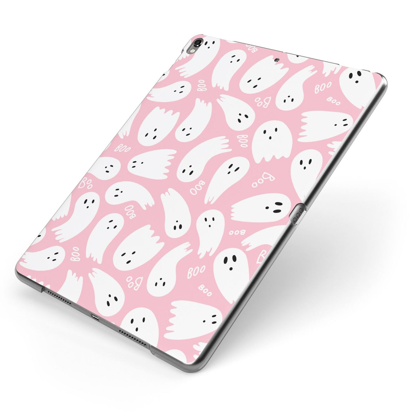 Pink Ghost Apple iPad Case on Grey iPad Side View