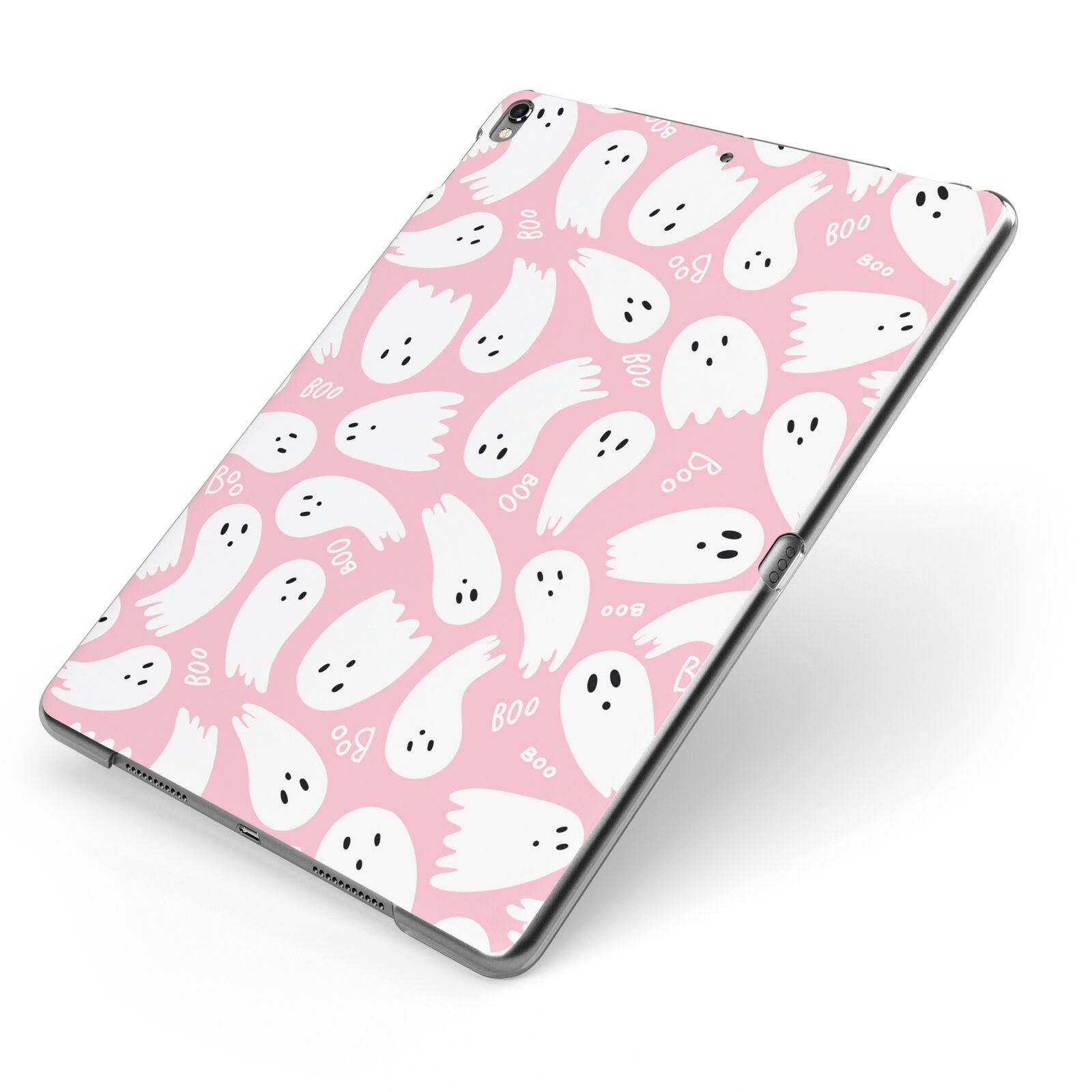 Pink Ghost Apple iPad Case on Grey iPad Side View