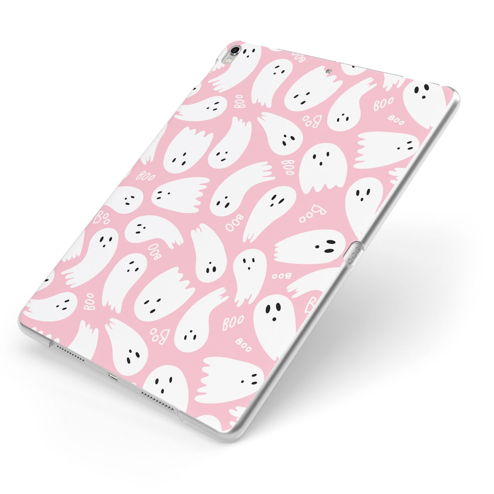 Pink Ghost Apple iPad Case on Silver iPad Side View