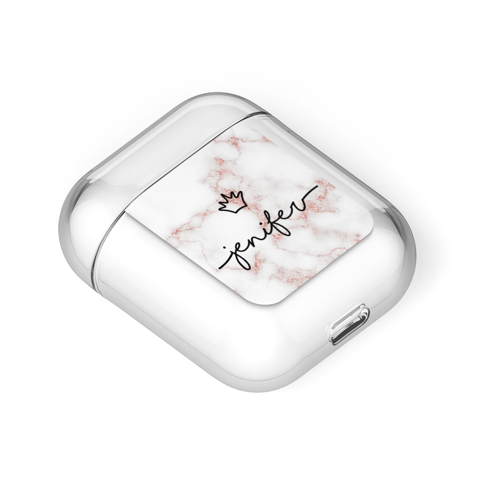 Pink Glitter Marble with Custom Text AirPods Case Laid Flat