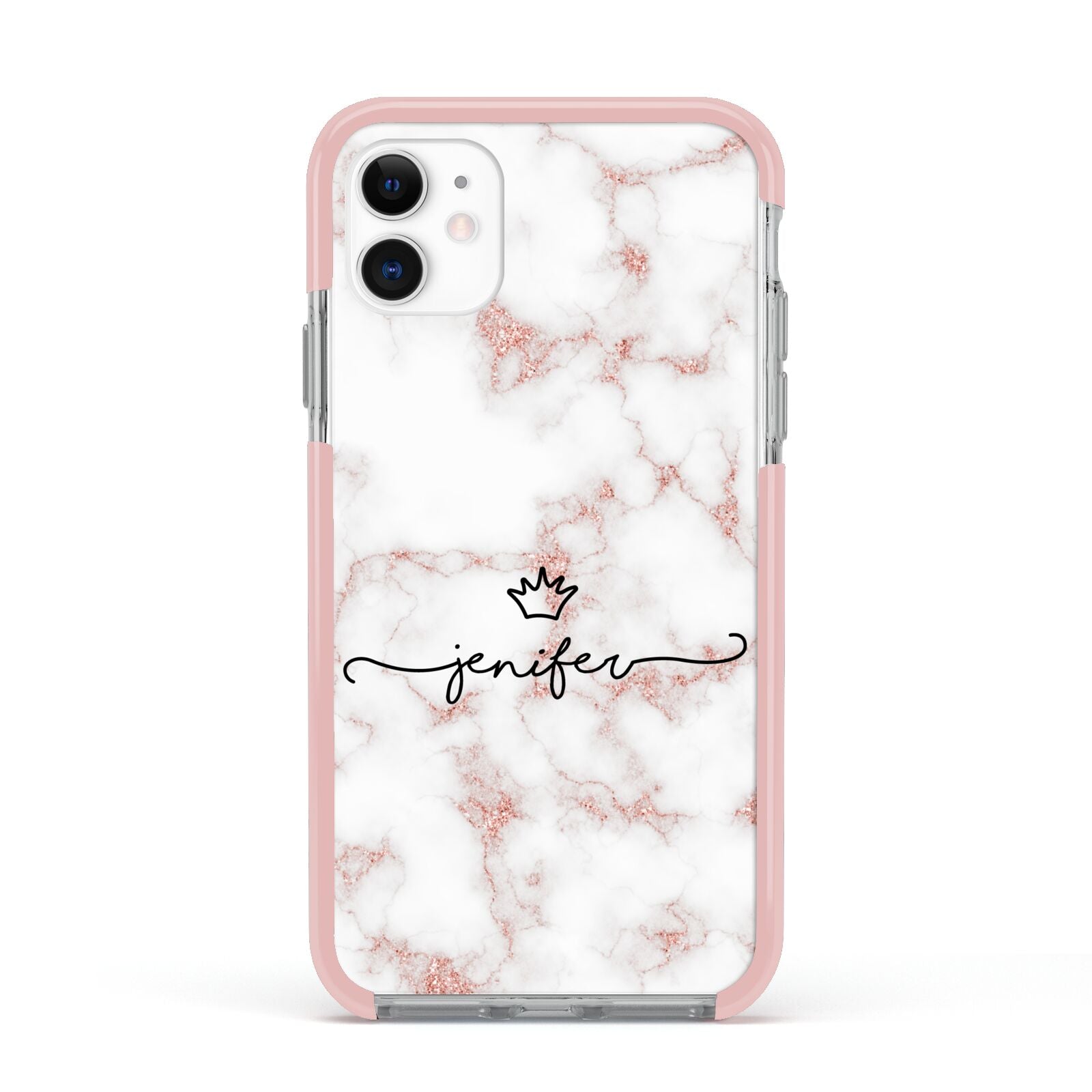 Pink Glitter Marble with Custom Text Apple iPhone 11 in White with Pink Impact Case