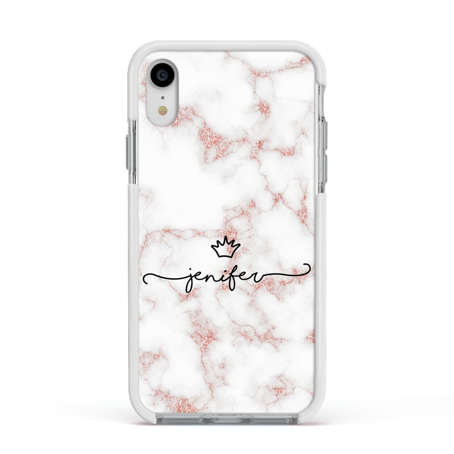 Pink Glitter Marble with Custom Text Apple iPhone XR Impact Case White Edge on Silver Phone