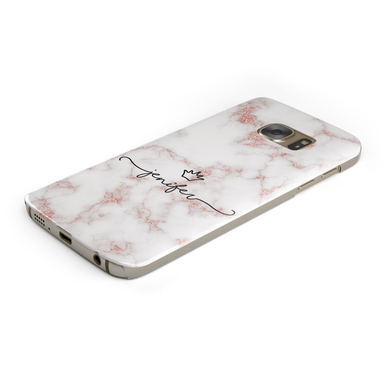 Pink Glitter Marble with Custom Text Protective Samsung Galaxy Case Angled Image