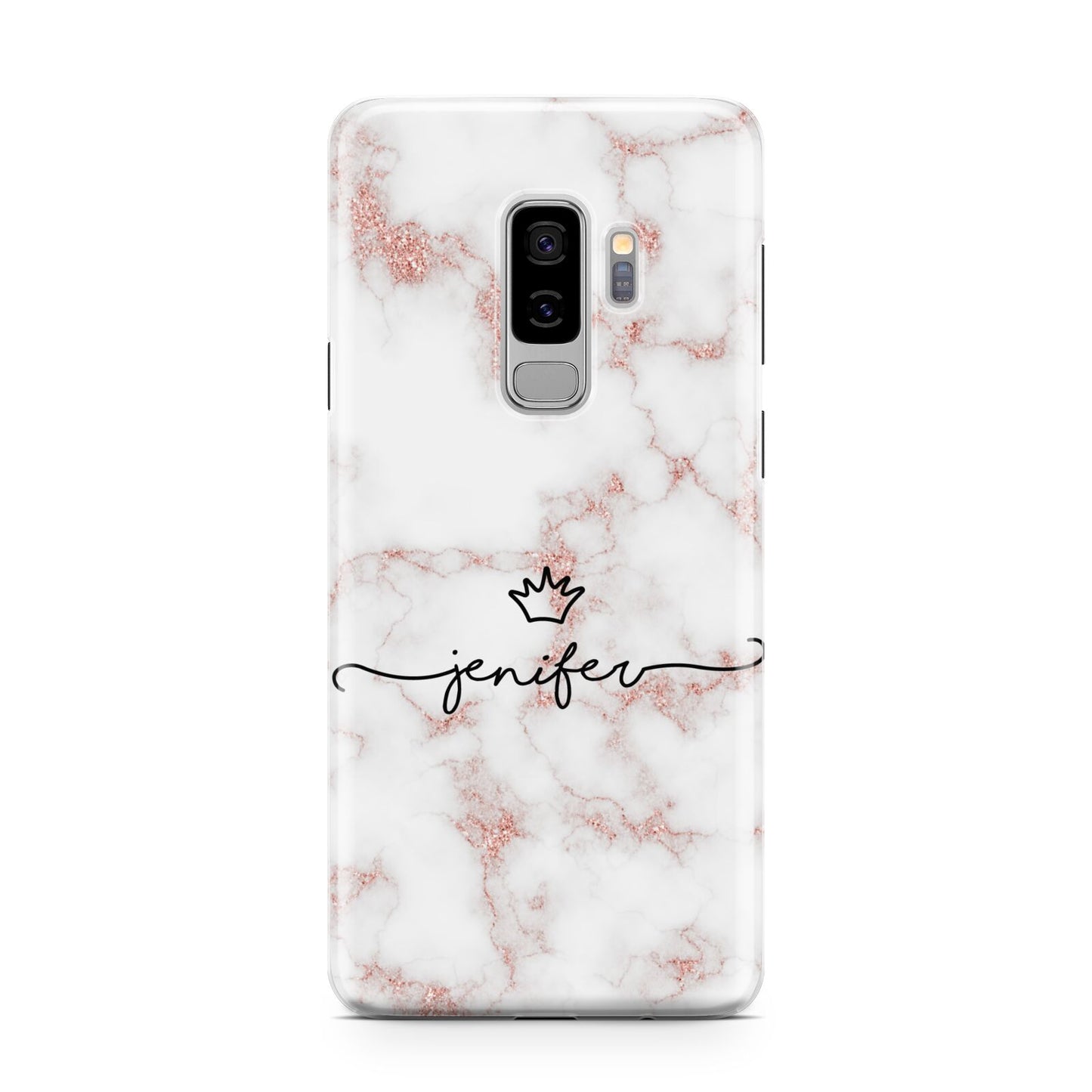 Pink Glitter Marble with Custom Text Samsung Galaxy S9 Plus Case on Silver phone