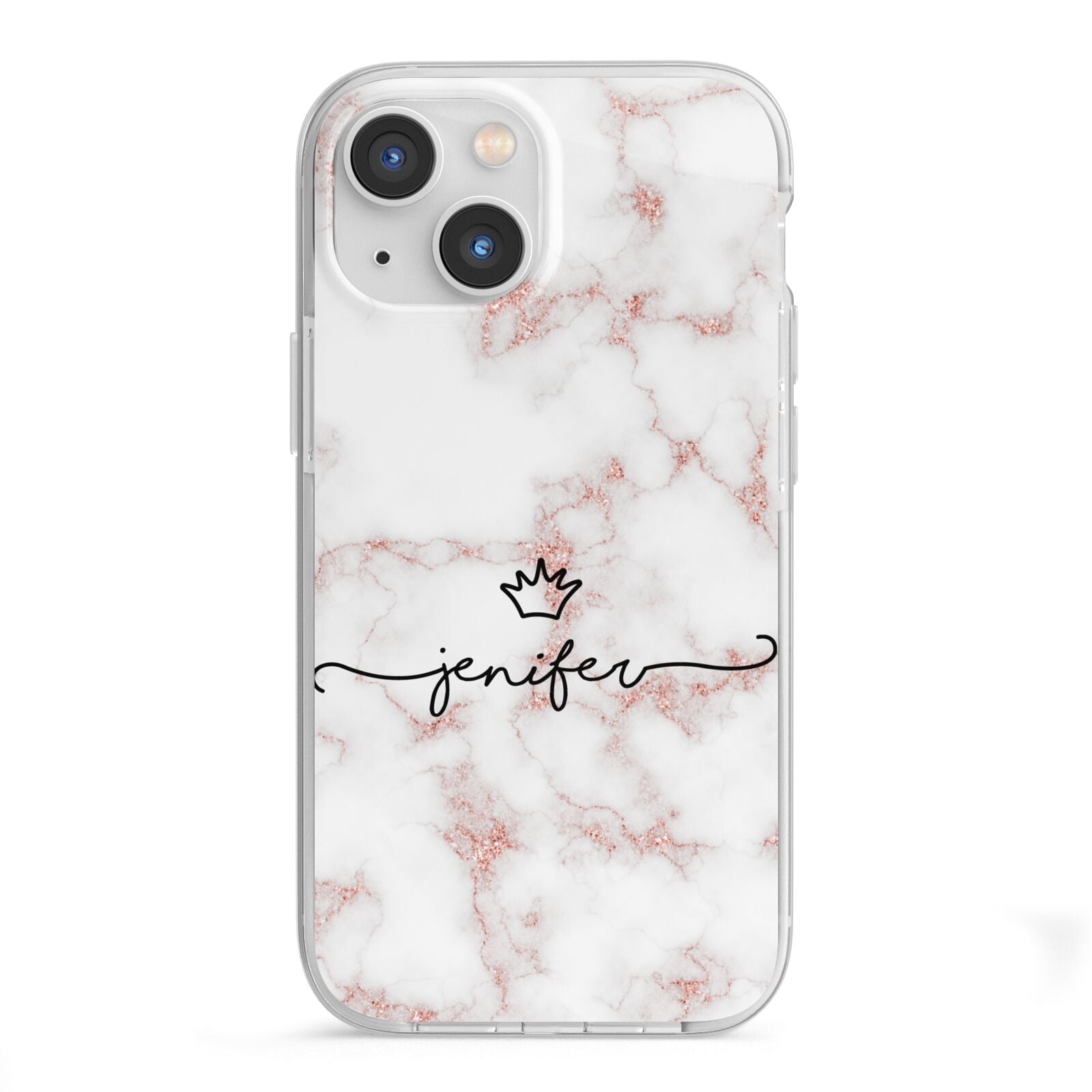 Pink Glitter Marble with Custom Text iPhone 13 Mini TPU Impact Case with White Edges