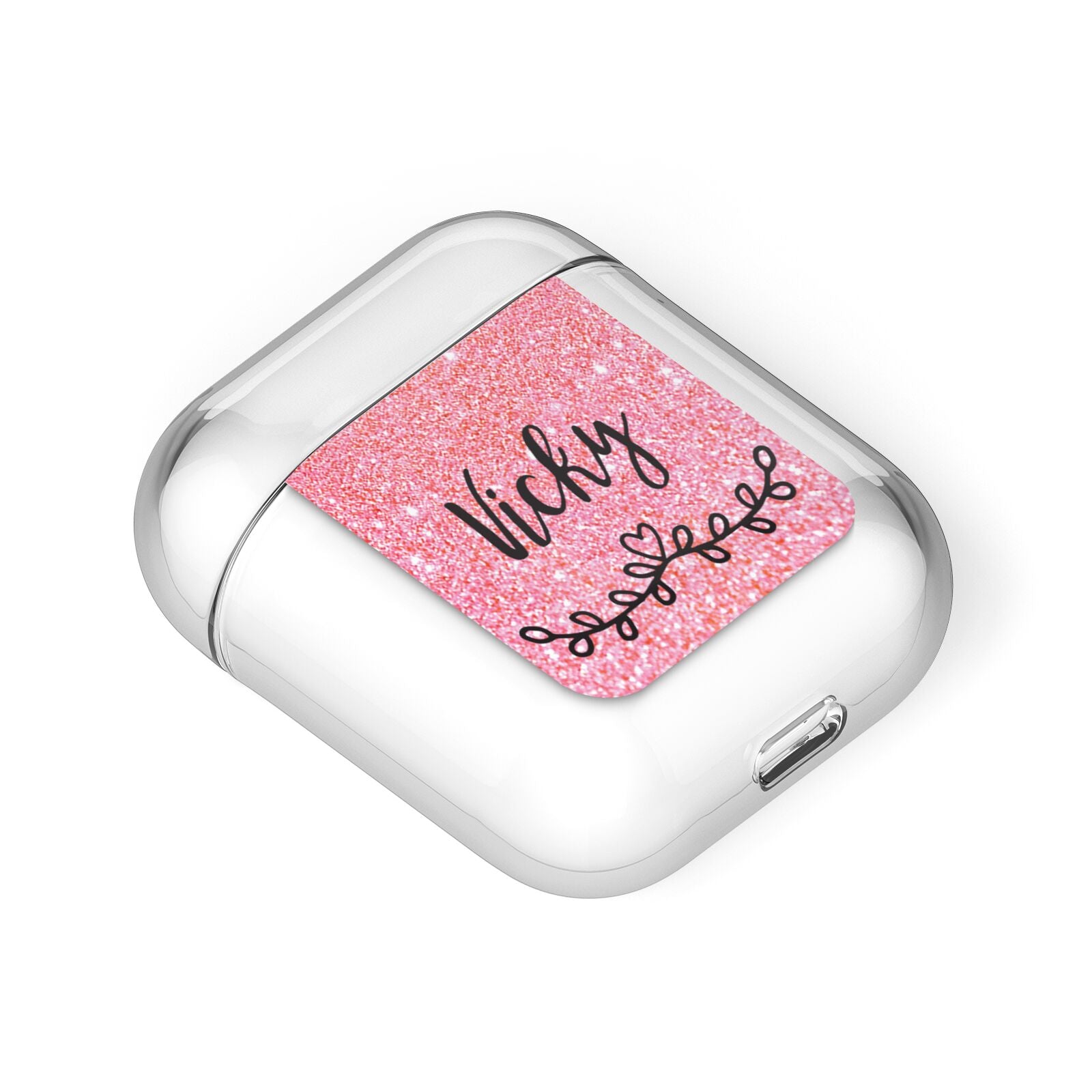 Pink Glitter with Custom Black Text AirPods Case Laid Flat