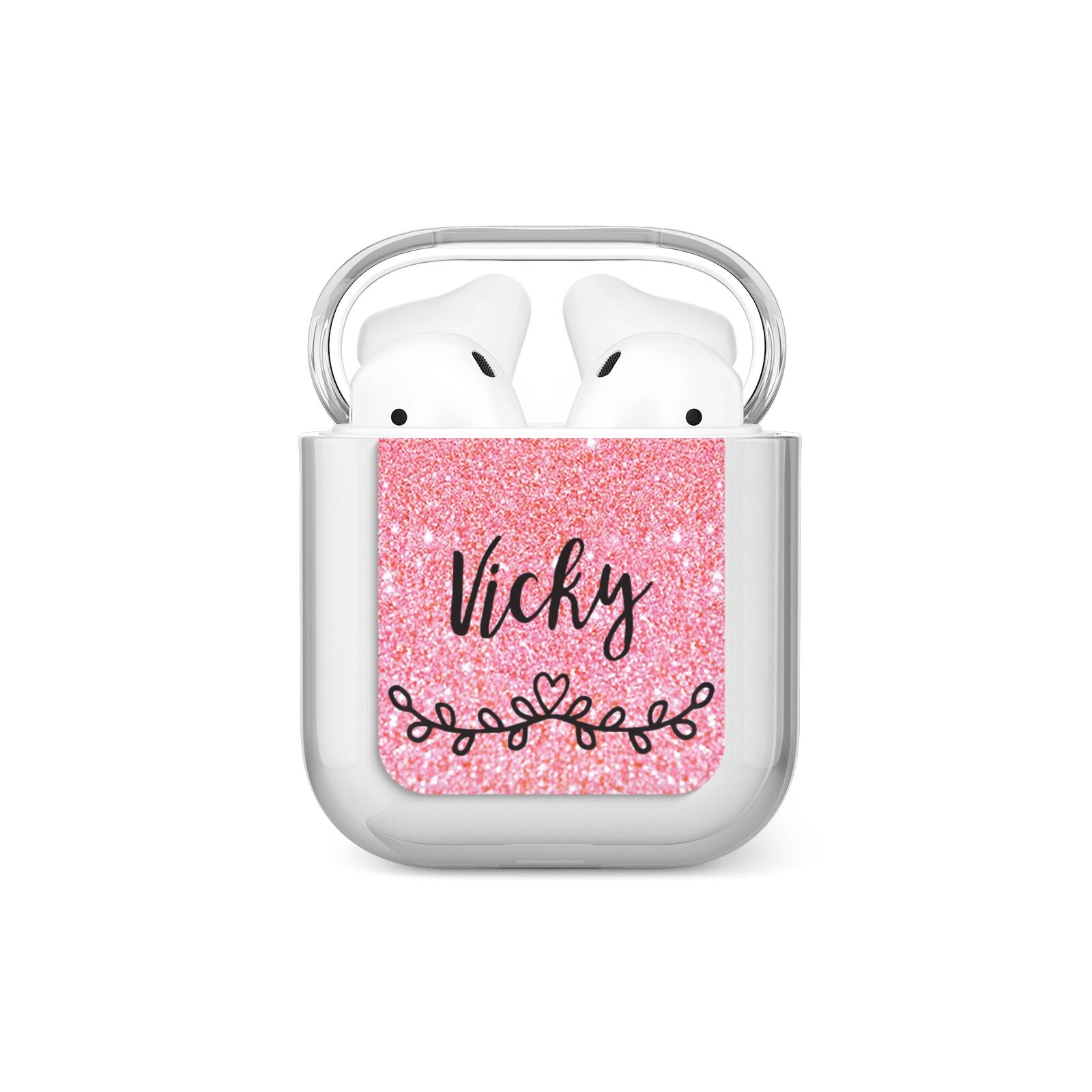 Pink Glitter with Custom Black Text AirPods Case