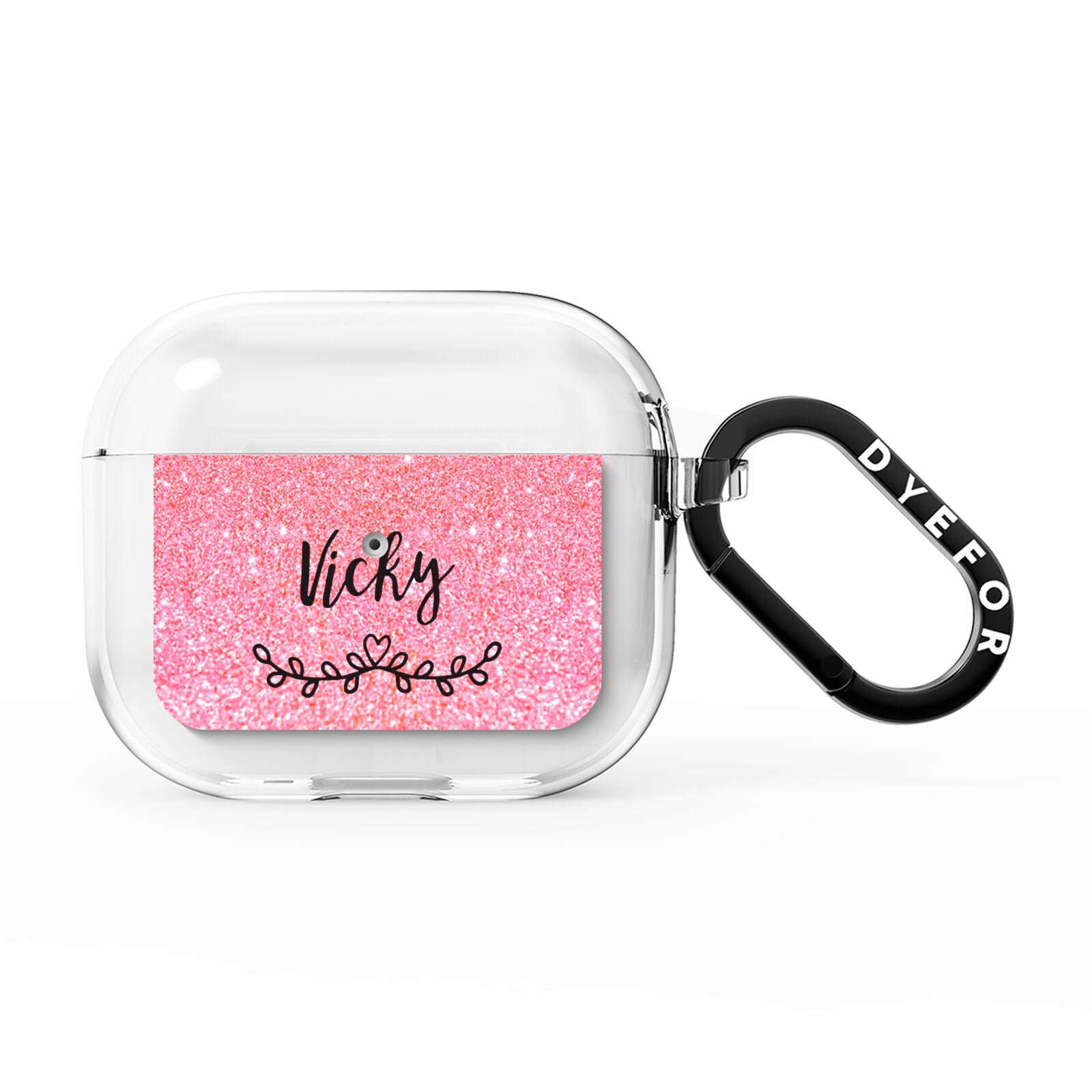 Pink Glitter with Custom Black Text AirPods Clear Case 3rd Gen