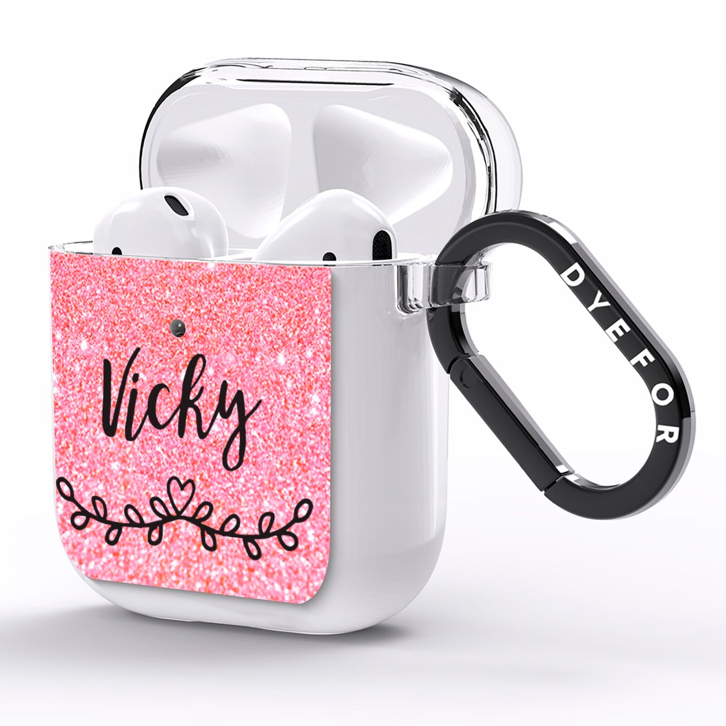 Pink Glitter with Custom Black Text AirPods Clear Case Side Image