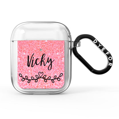 Pink Glitter with Custom Black Text AirPods Clear Case