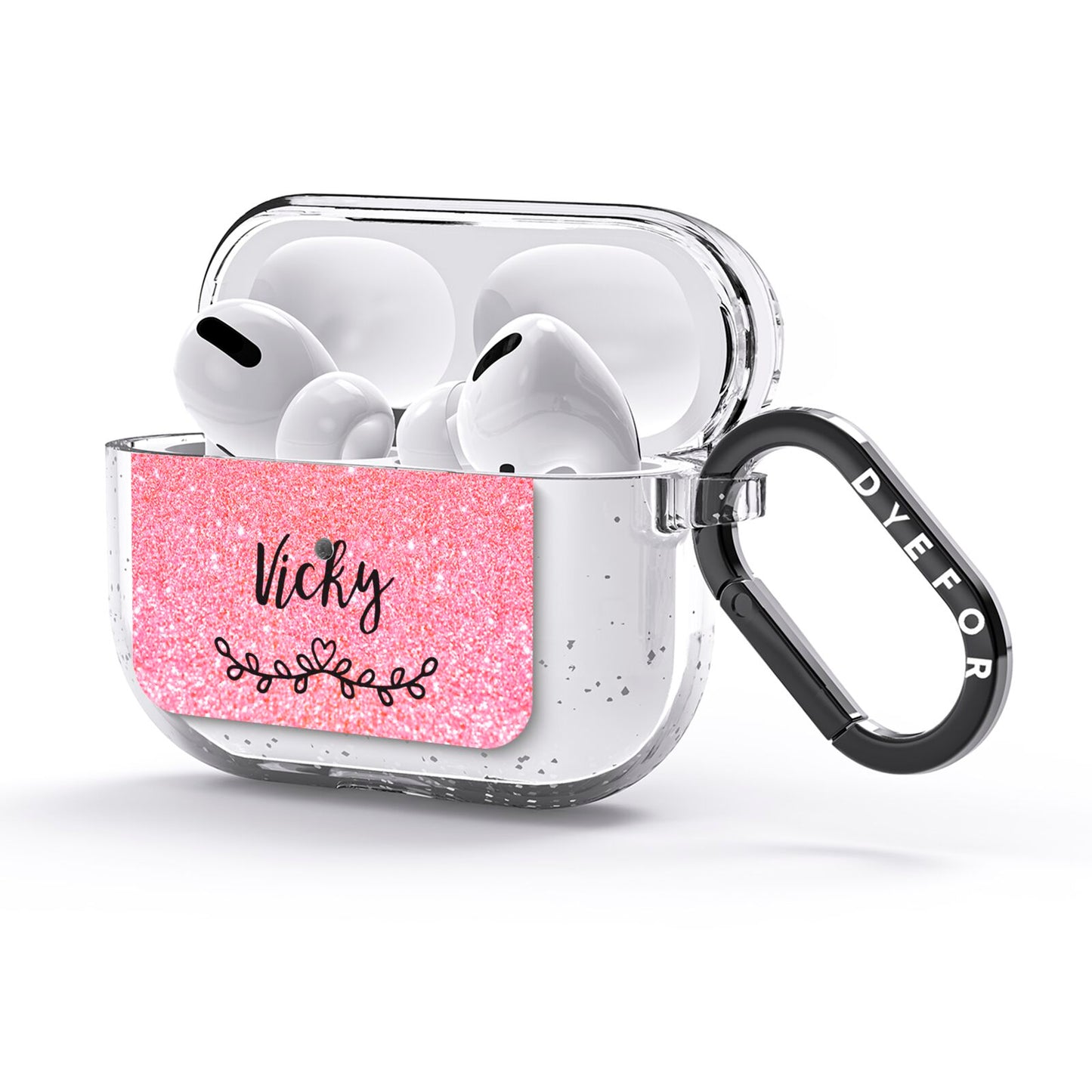 Pink Glitter with Custom Black Text AirPods Glitter Case 3rd Gen Side Image