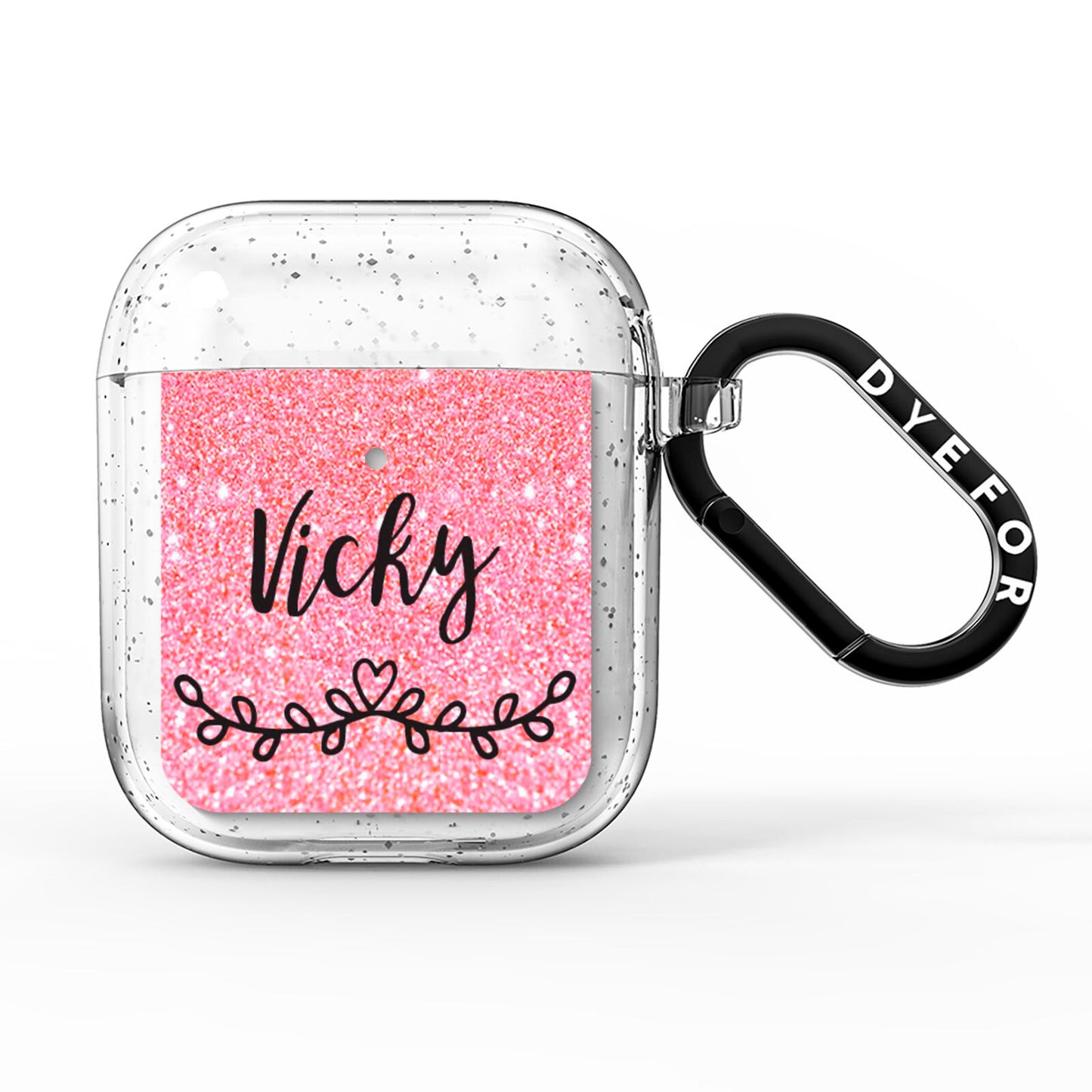 Pink Glitter with Custom Black Text AirPods Glitter Case