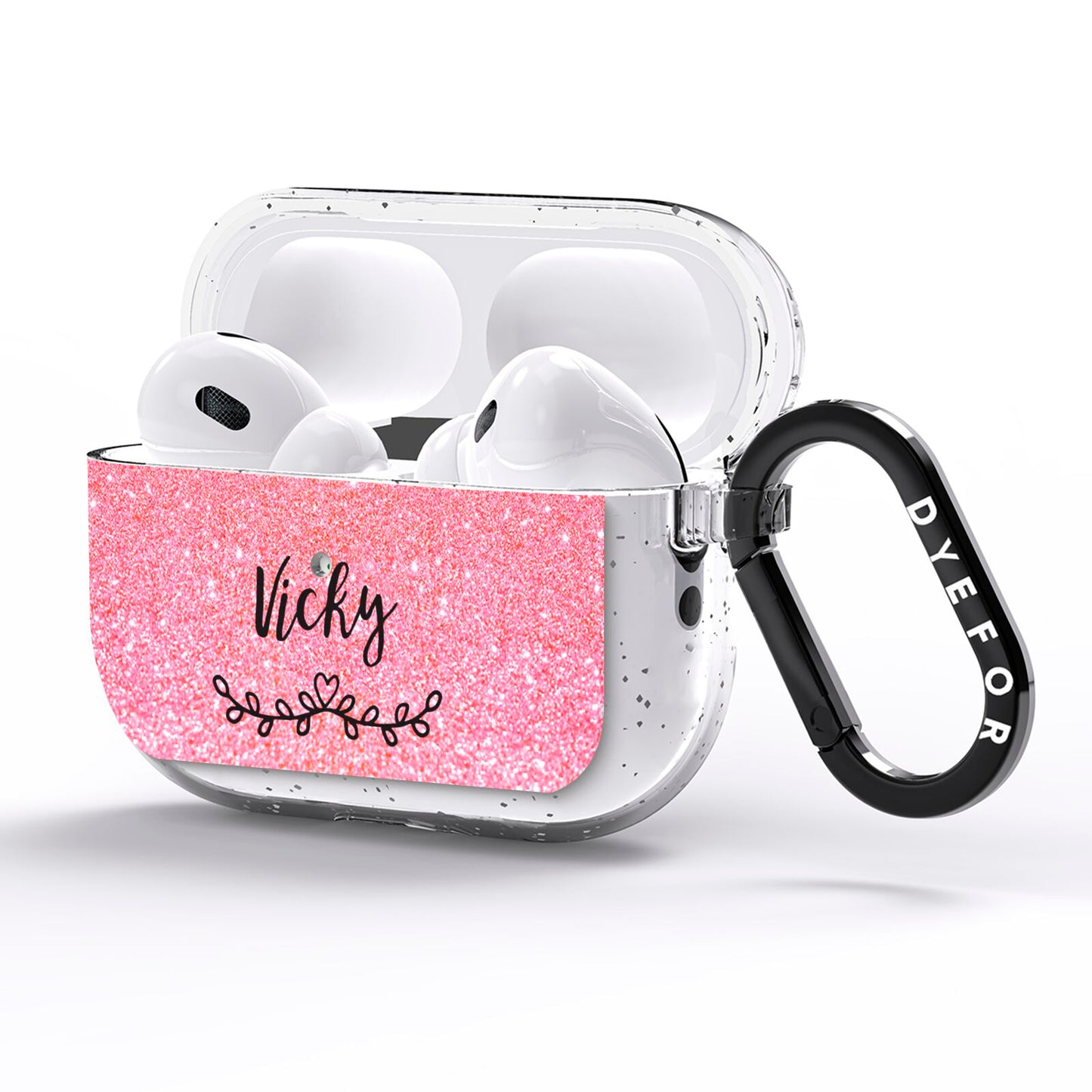 Pink Glitter with Custom Black Text AirPods Pro Glitter Case Side Image