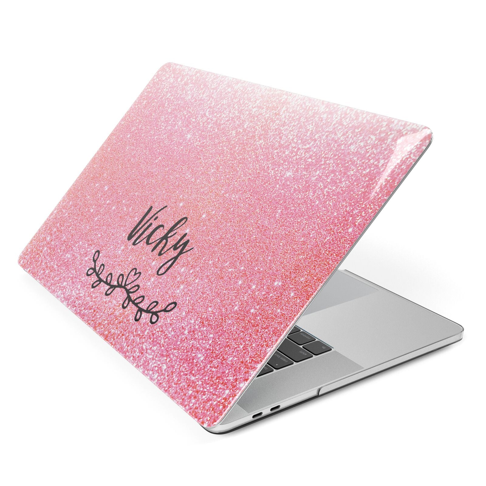 Pink Glitter with Custom Black Text Apple MacBook Case Side View