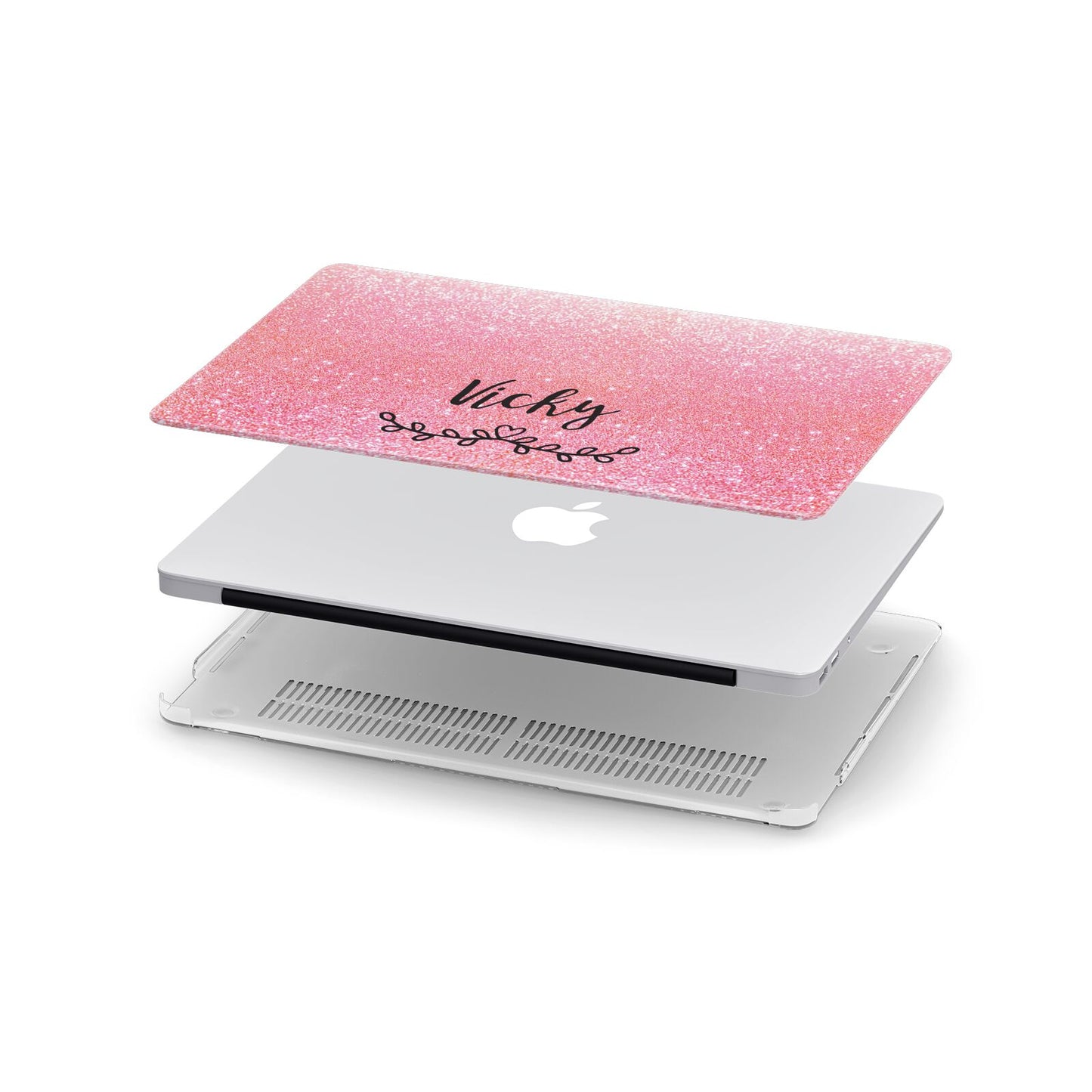 Pink Glitter with Custom Black Text Apple MacBook Case in Detail