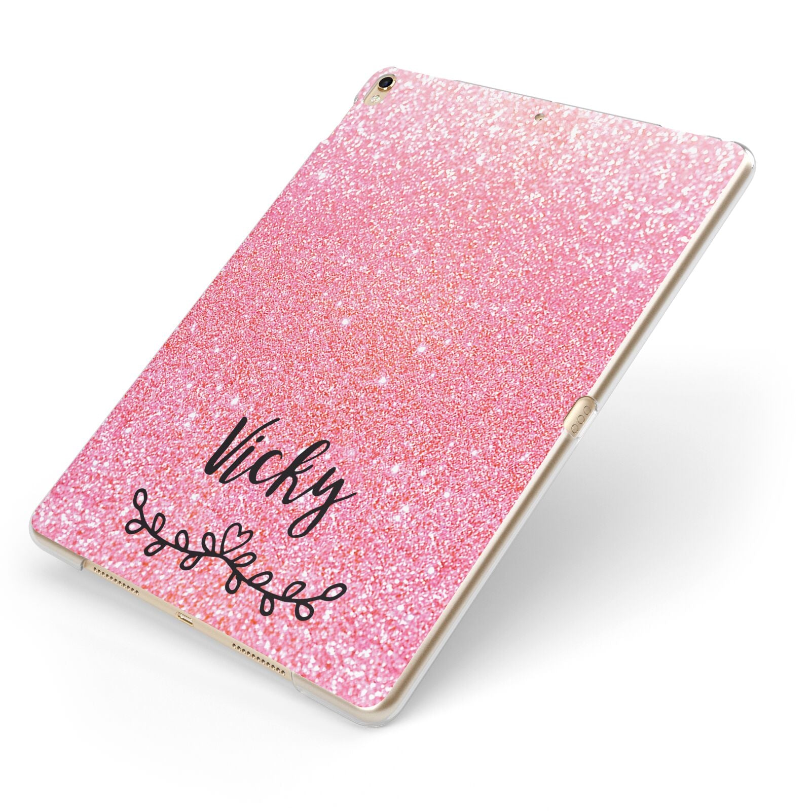 Pink Glitter with Custom Black Text Apple iPad Case on Gold iPad Side View