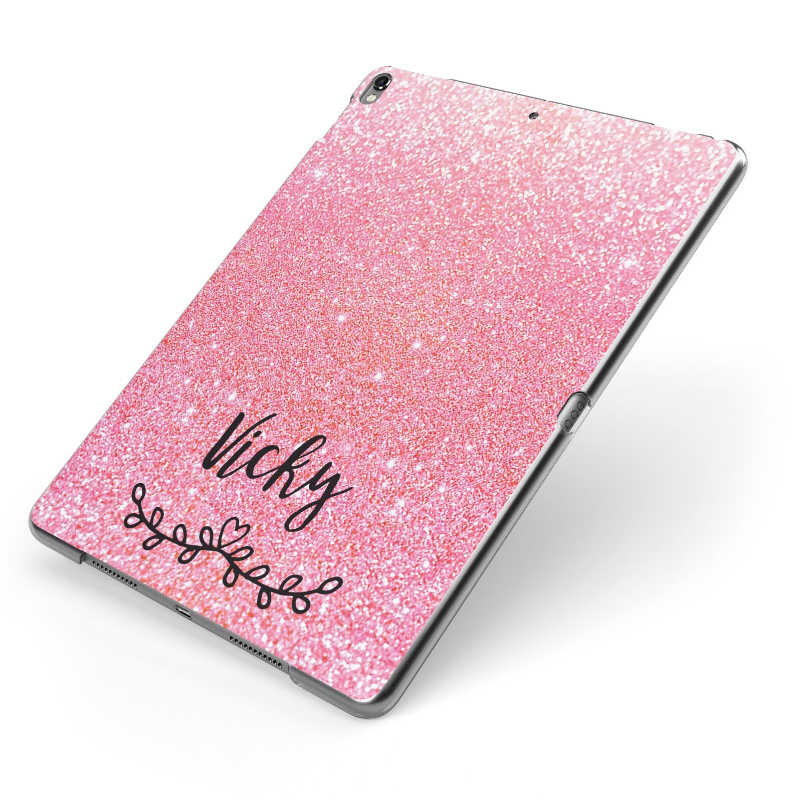 Pink Glitter with Custom Black Text Apple iPad Case on Grey iPad Side View