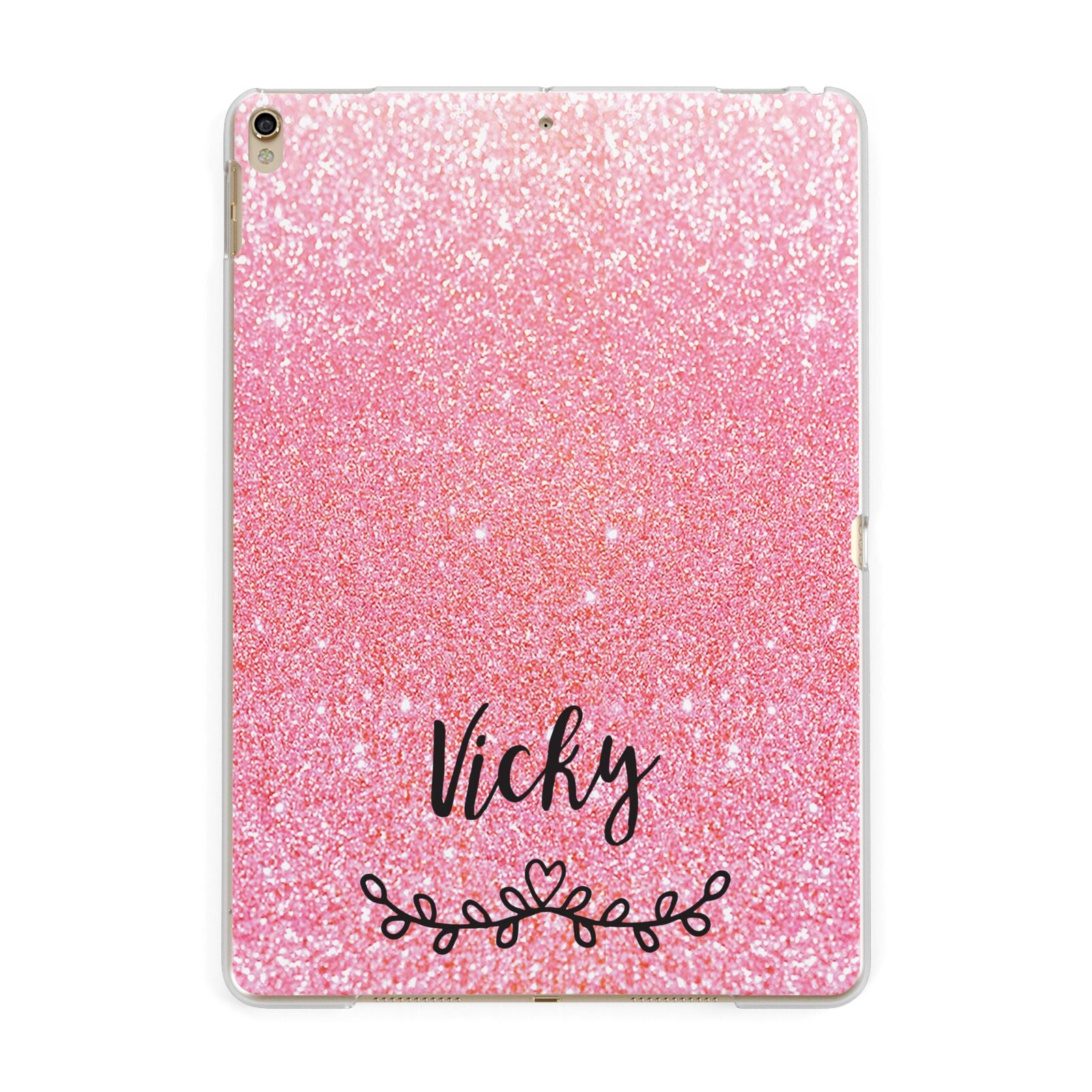 Pink Glitter with Custom Black Text Apple iPad Gold Case