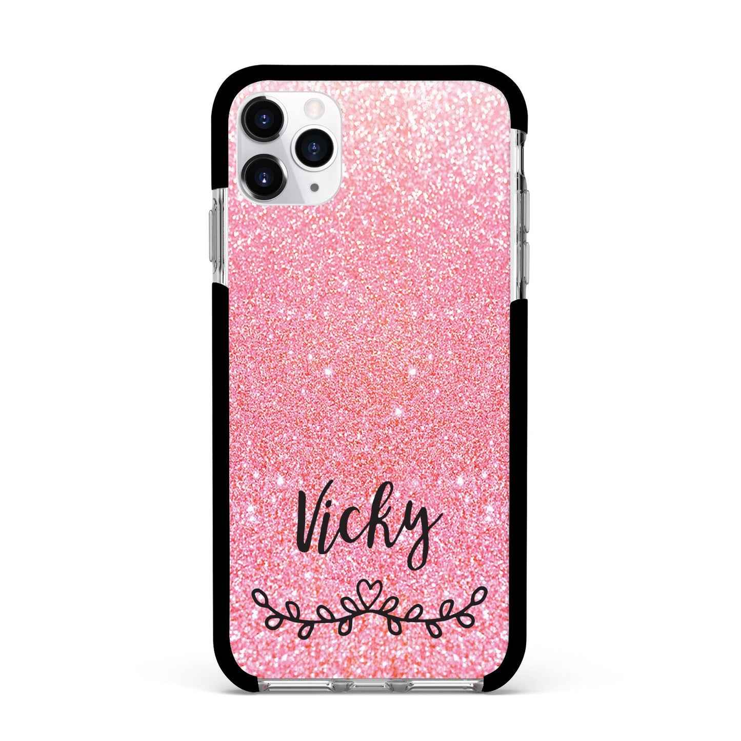 Pink Glitter with Custom Black Text Apple iPhone 11 Pro Max in Silver with Black Impact Case