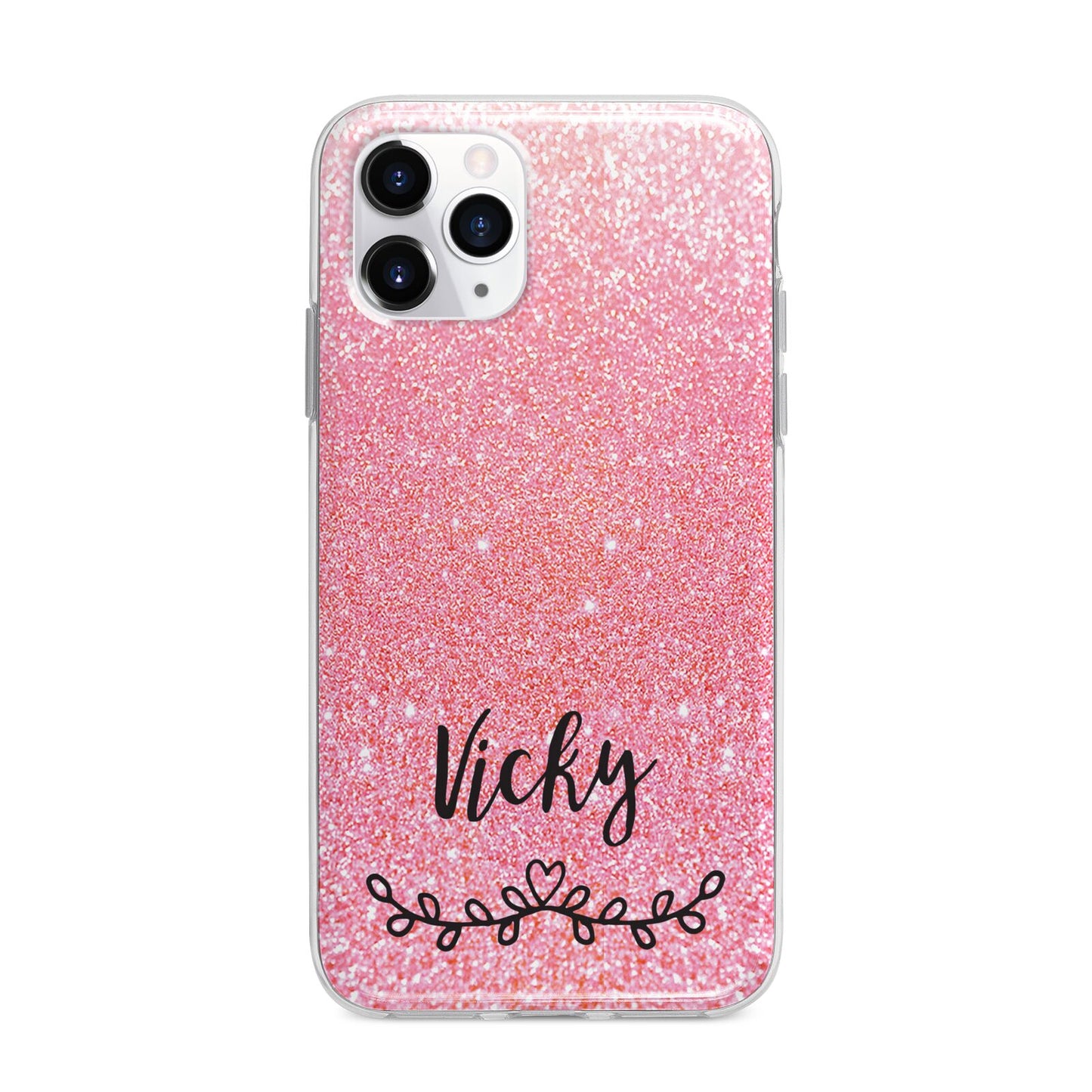 Pink Glitter with Custom Black Text Apple iPhone 11 Pro Max in Silver with Bumper Case