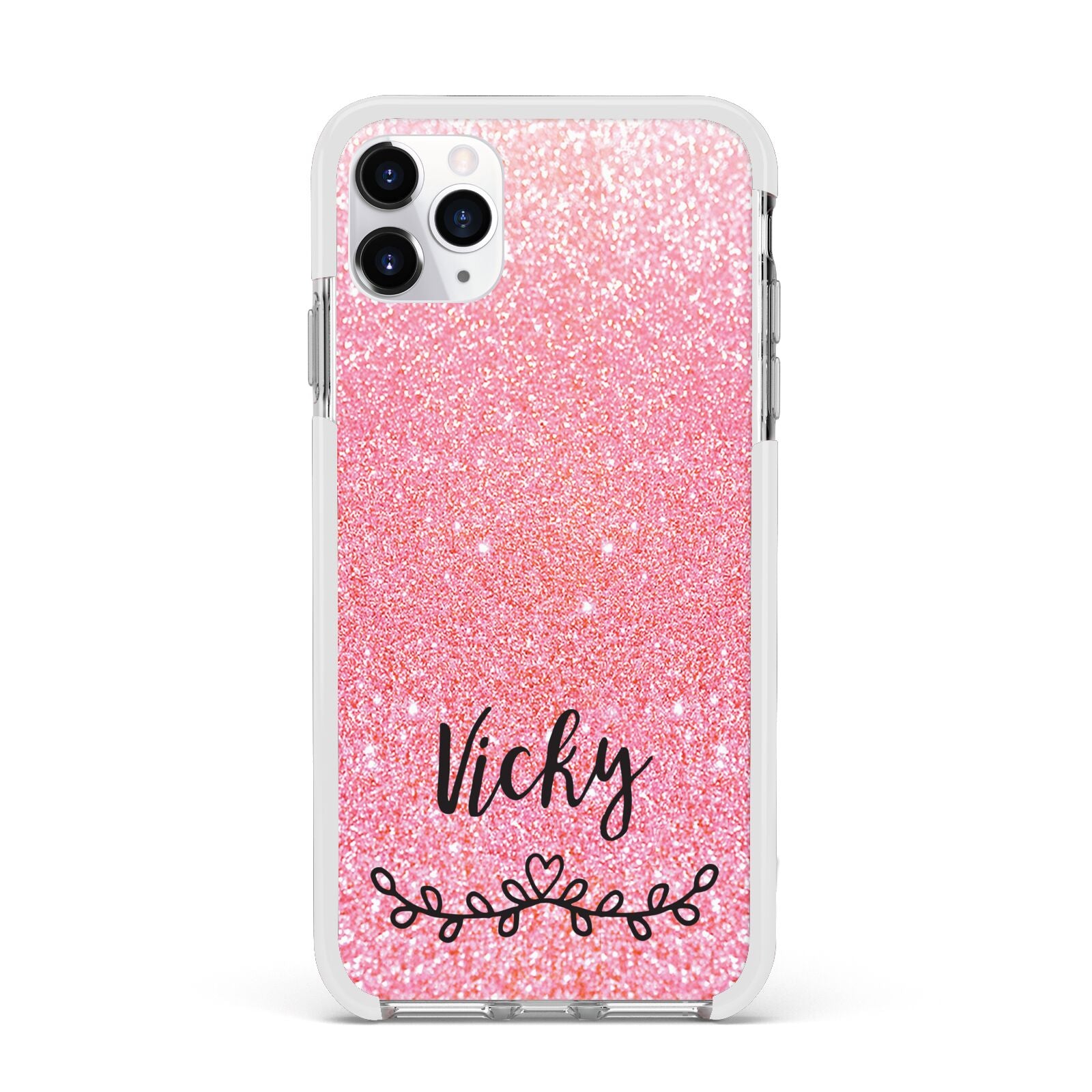 Pink Glitter with Custom Black Text Apple iPhone 11 Pro Max in Silver with White Impact Case