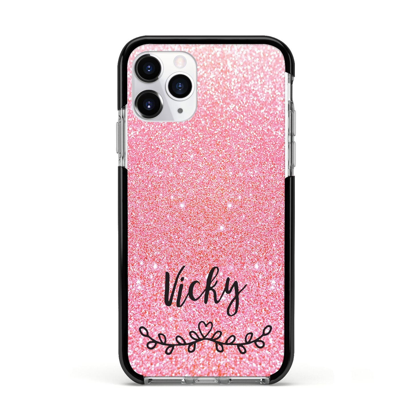 Pink Glitter with Custom Black Text Apple iPhone 11 Pro in Silver with Black Impact Case