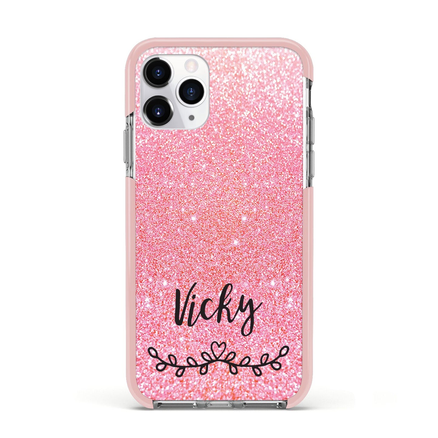 Pink Glitter with Custom Black Text Apple iPhone 11 Pro in Silver with Pink Impact Case