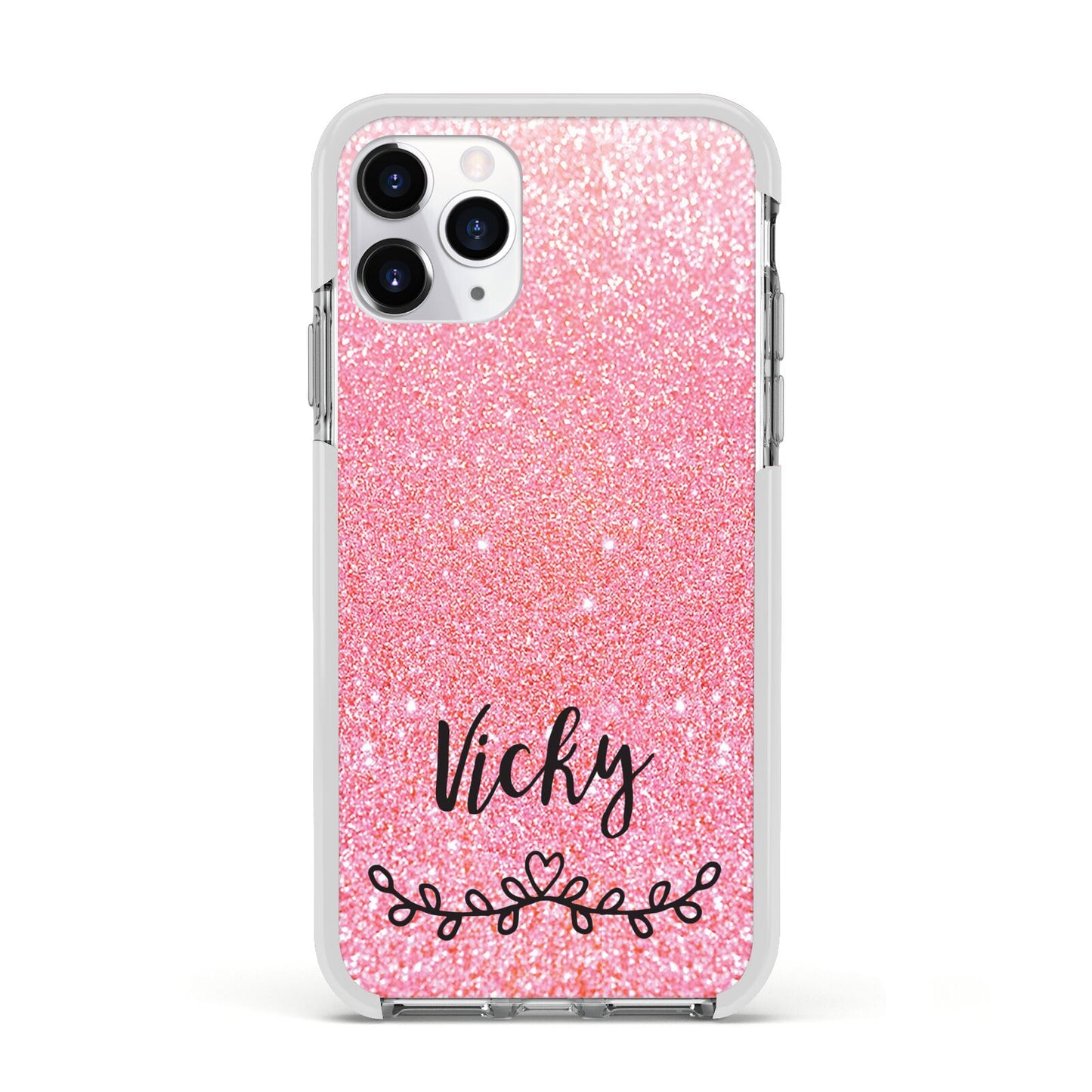 Pink Glitter with Custom Black Text Apple iPhone 11 Pro in Silver with White Impact Case