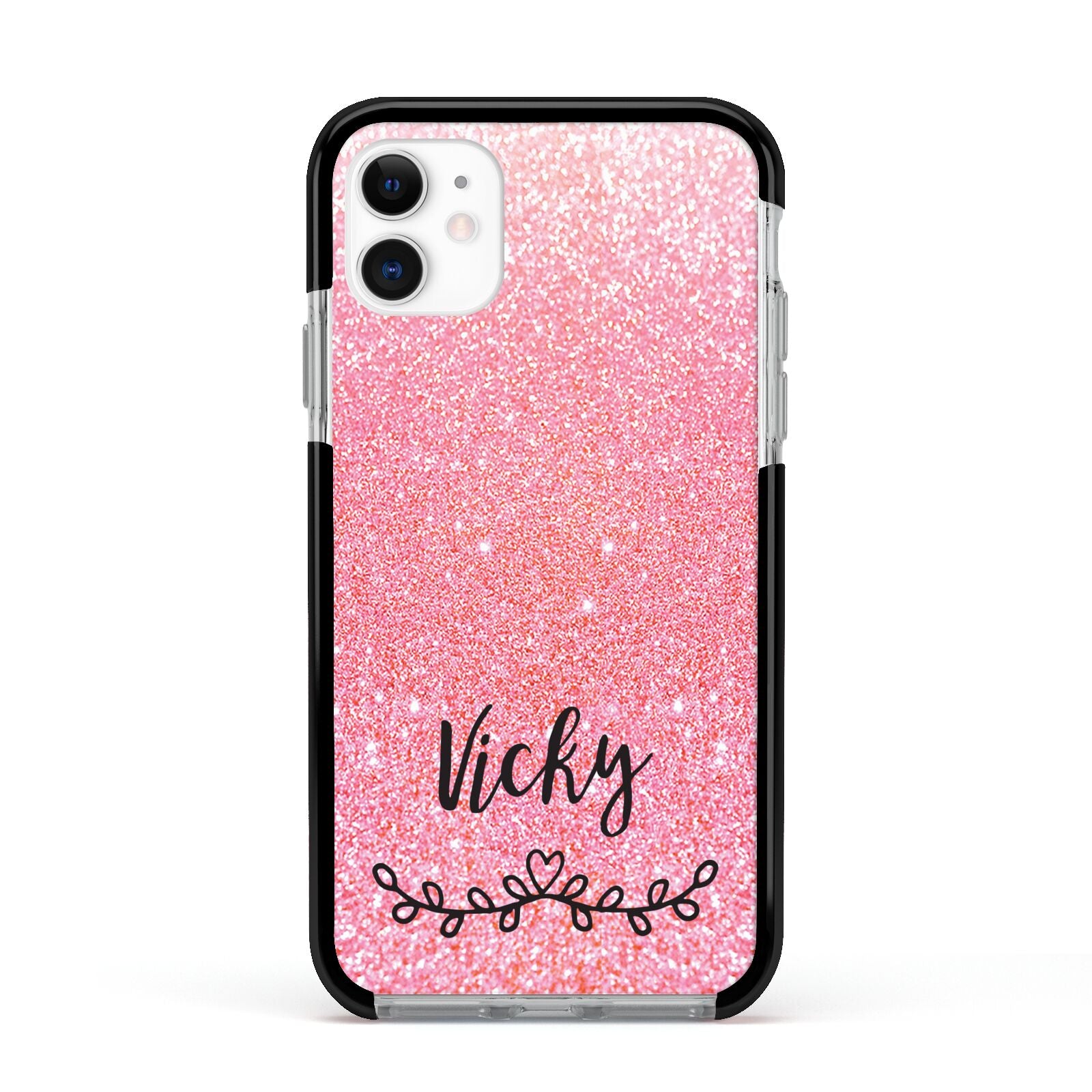 Pink Glitter with Custom Black Text Apple iPhone 11 in White with Black Impact Case